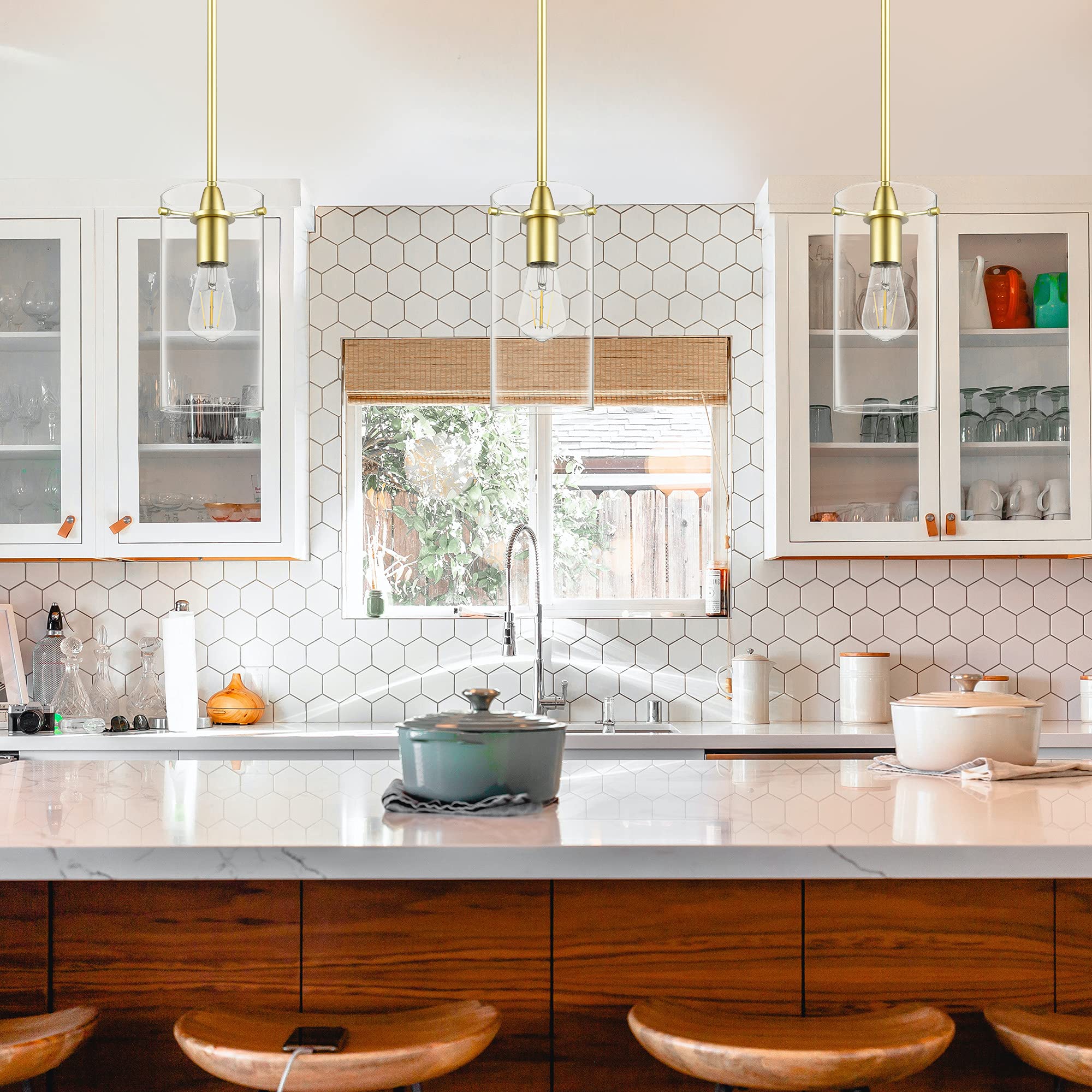 Linea di Liara Pendant Light Fixture, Modern Gold, Large Clear Glass Shade, Model LL-P315-SB, Industrial Farmhouse Design