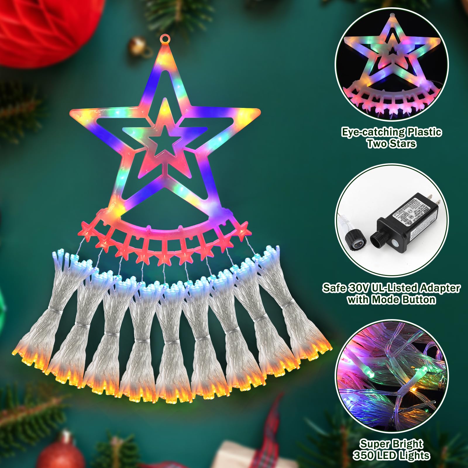 Christmas Decoration Lights, Outdoor Christmas String Lights 320 Led 11.5 Ft Waterfall Tree Lights With Big Star Topper 8 Light