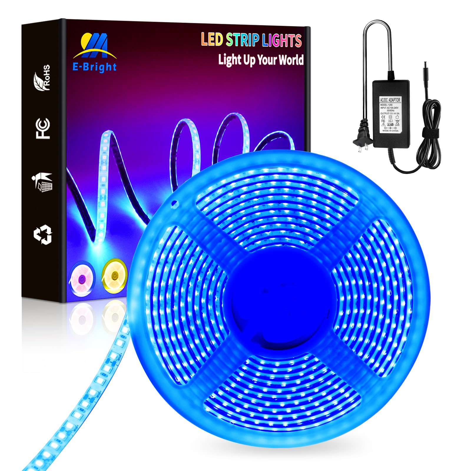 YM E-Bright Blue LED Light Strip, Waterproof IP68, 5M/16.4Ft, 600 LEDs, Flexible Neon Lights with 5A Power Adapter