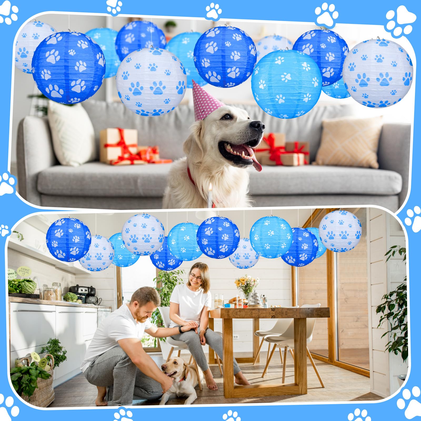Panelee 12 Pcs Dog Paw Print Paper Lanterns Puppy Themed Party Decorations Blue And White Pet Paw Print Round Hanging Lanterns 8