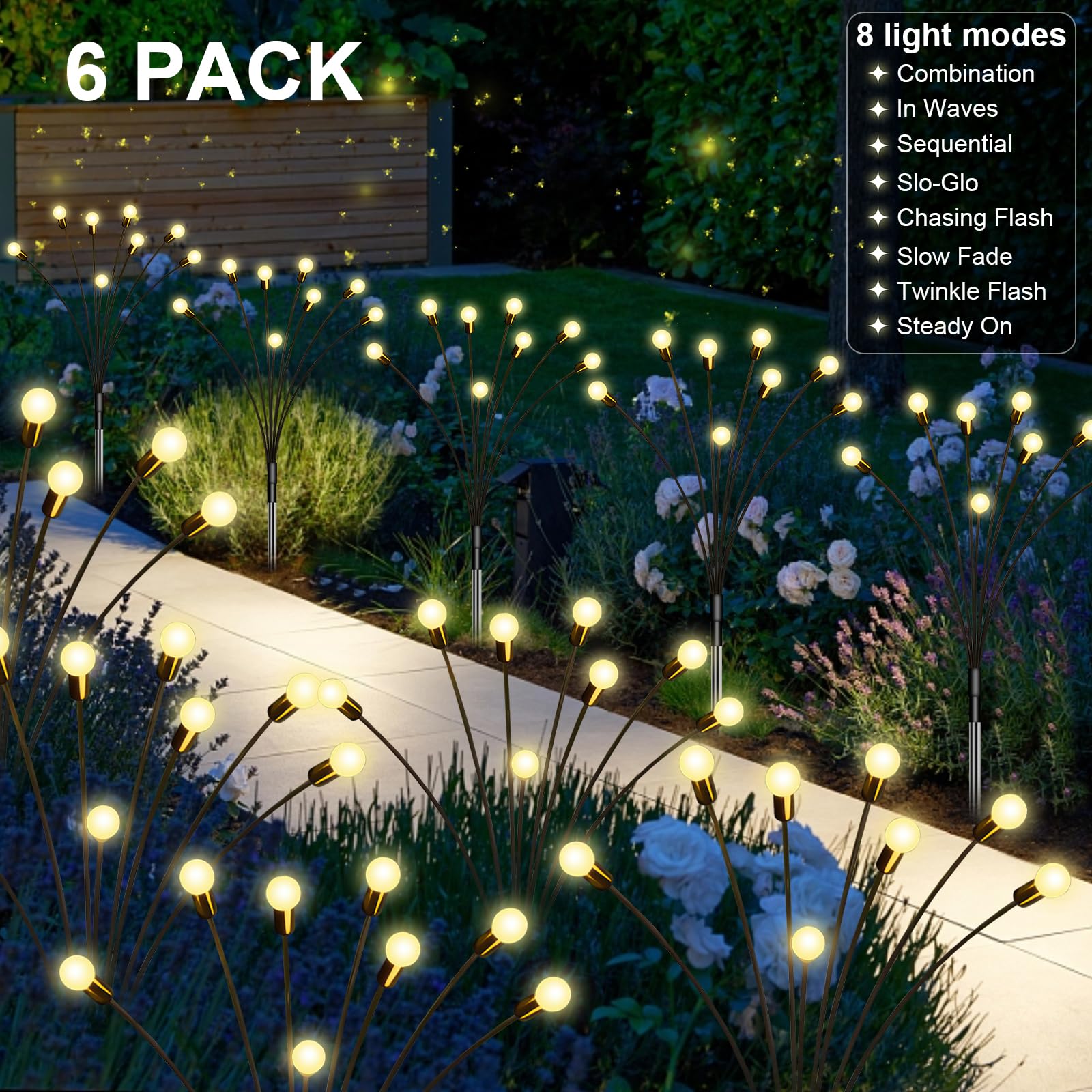 Firefly Lights Solar Outdoor, 6 Pack 48 Led Solar Firefly Lights Outdoor Waterproof Upgraded Solar & Usb Charging, 8 Light Modes Swaying Solar Garden Lights Sway By Wind For Pathway Patio Outside
