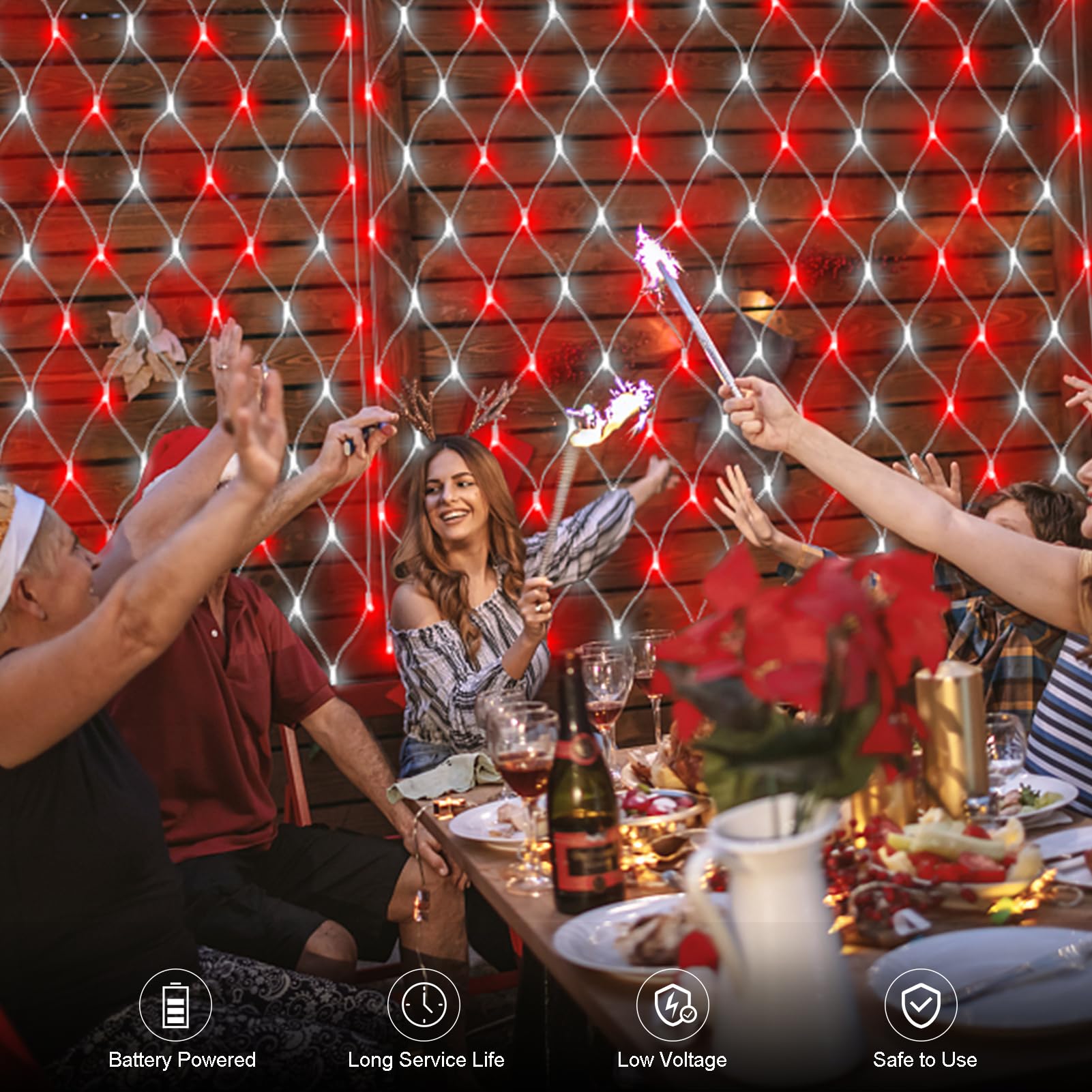 Battery Operated Christmas Red & White Net Lights, 5Ft X 5Ft 100 Led Net Fairy Lights 8 Modes Remote Timer Dimmable Garden Patio