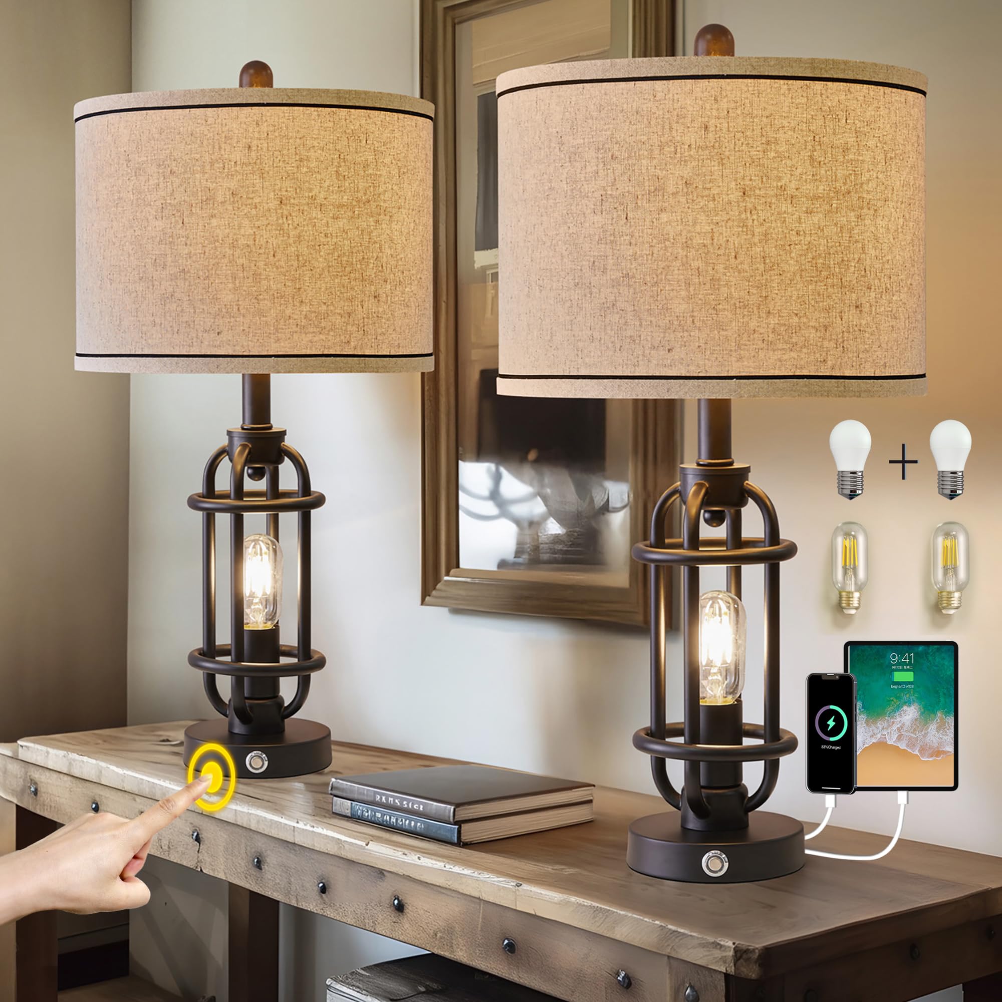 G-Safava 23.75'' Black Metal Table Lamps Set Of 2 With Usb Ports For Living Room & Nightstand