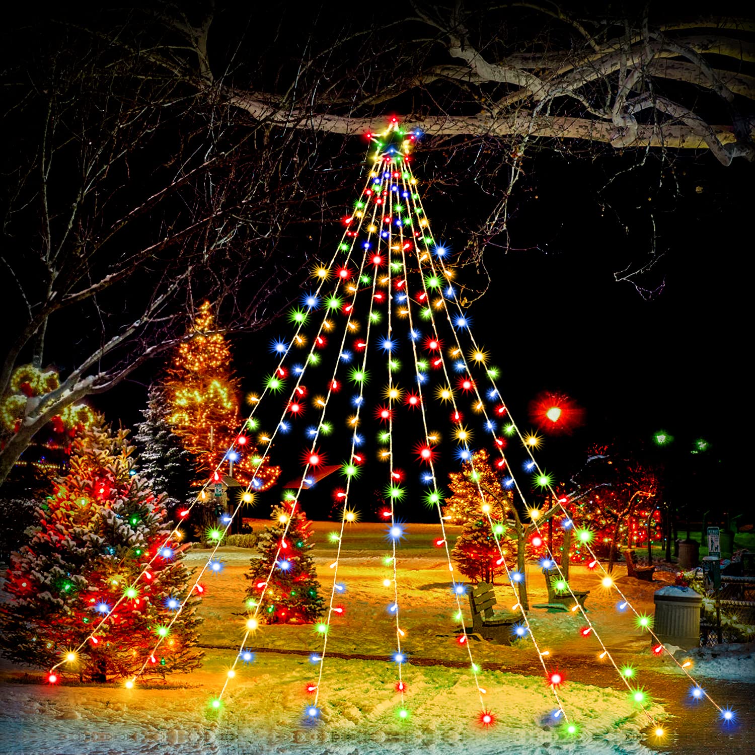 Puhong Christmas Decorations Star Lights, 320 Led Christmas Tree Lights Outdoor,16.4Ft String Lights 8 Memory Modes With 14" Lighted Star For Xmas New Year (Iron-Multicolor)