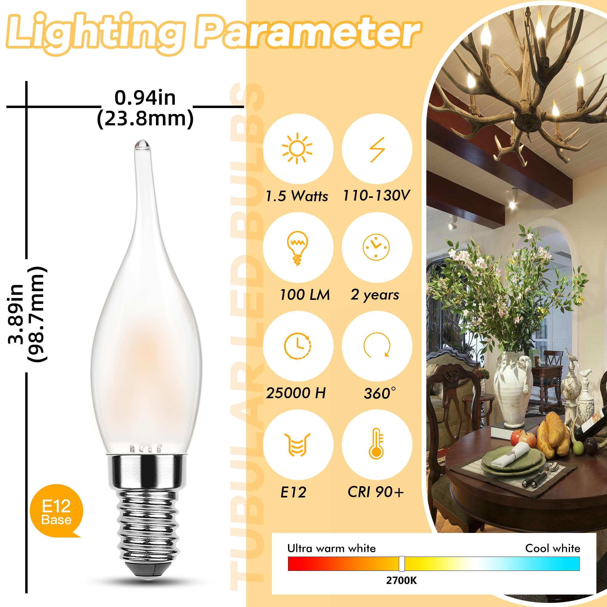 Grensk E12 Led Candelabra Bulbs 1.5W, Low Wattage Night Light Bulbs Equivalent To 15 Watt Candle Bulb,2700K Warm White Flame Tip