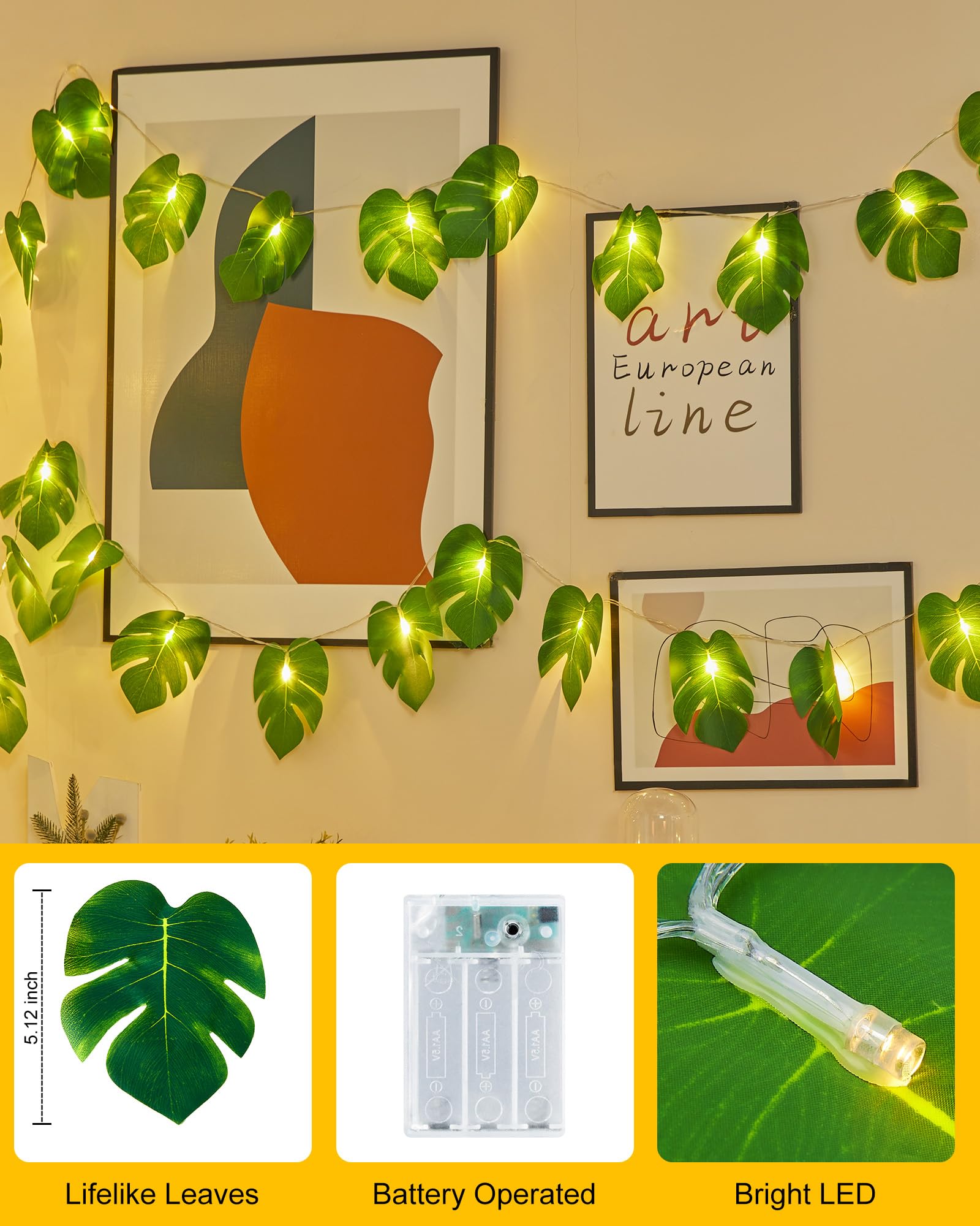 Minetom Monstera Leaf String Lights - 20 LED Battery Operated with Remote Control, Tropical Greenery for Hawaiian Theme Party Decor