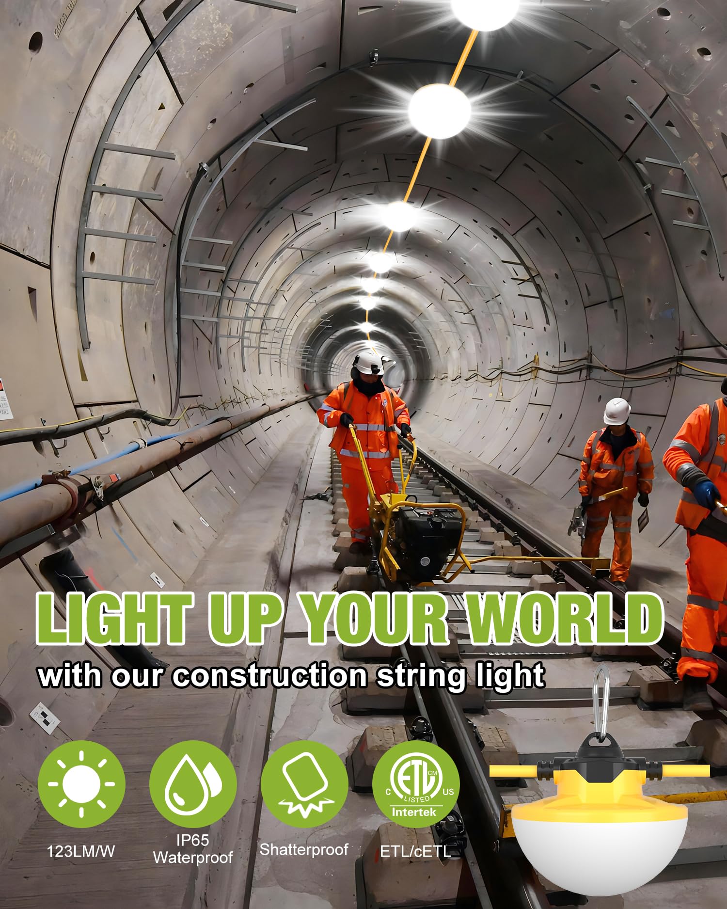 130W 16000Lm 3Pong Construction Lights String 100Ft Industrial Led String Work Lights, Ip65 Waterproof 18Awg Wire 5000K Super Bright For Construction Sites Temporary Work Jobsites Outdoor Lighting