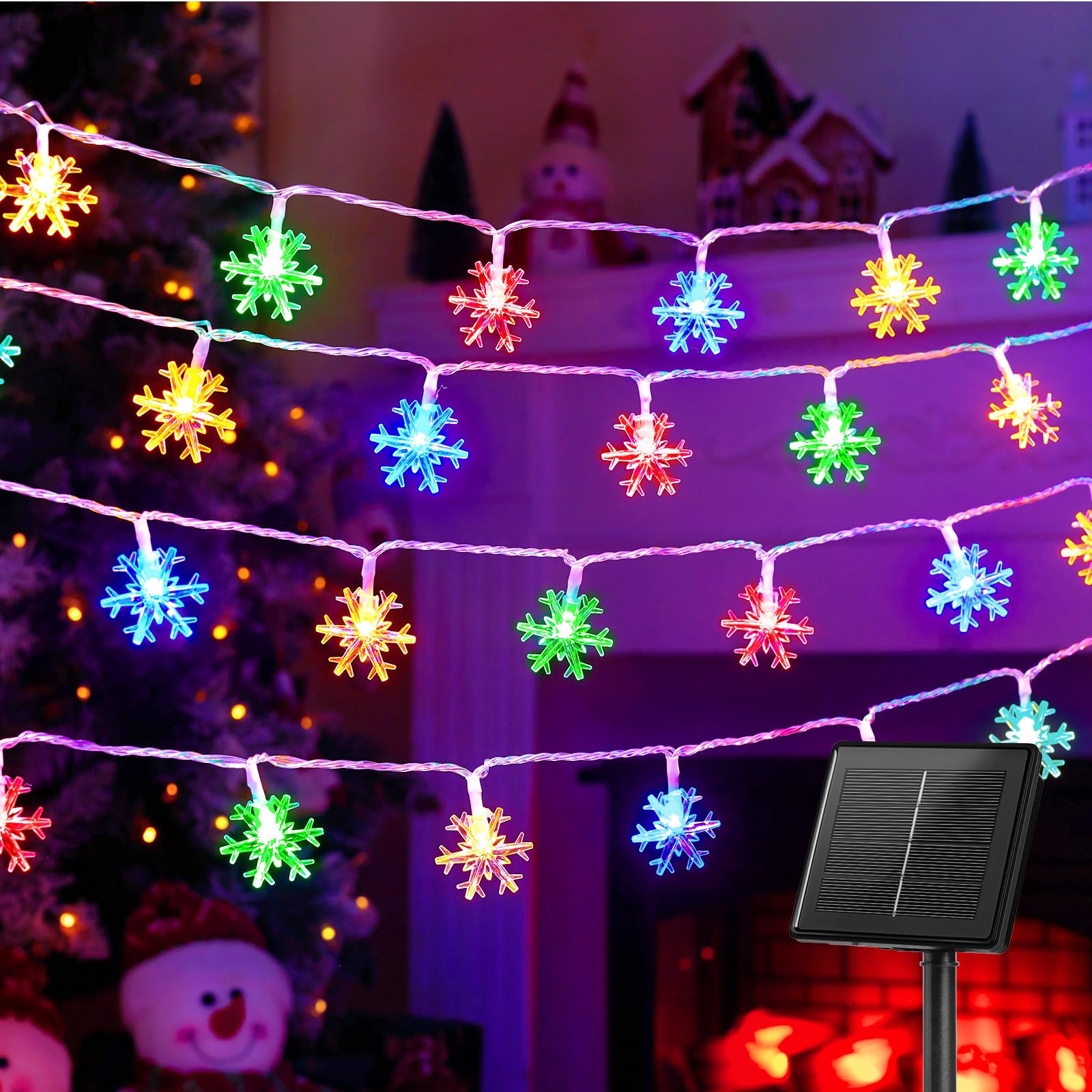 Brightown Solar Snowflake String Lights, 200 LED, 72FT, Multicolor, Waterproof, 8 Lighting Modes for Outdoor and Indoor Use