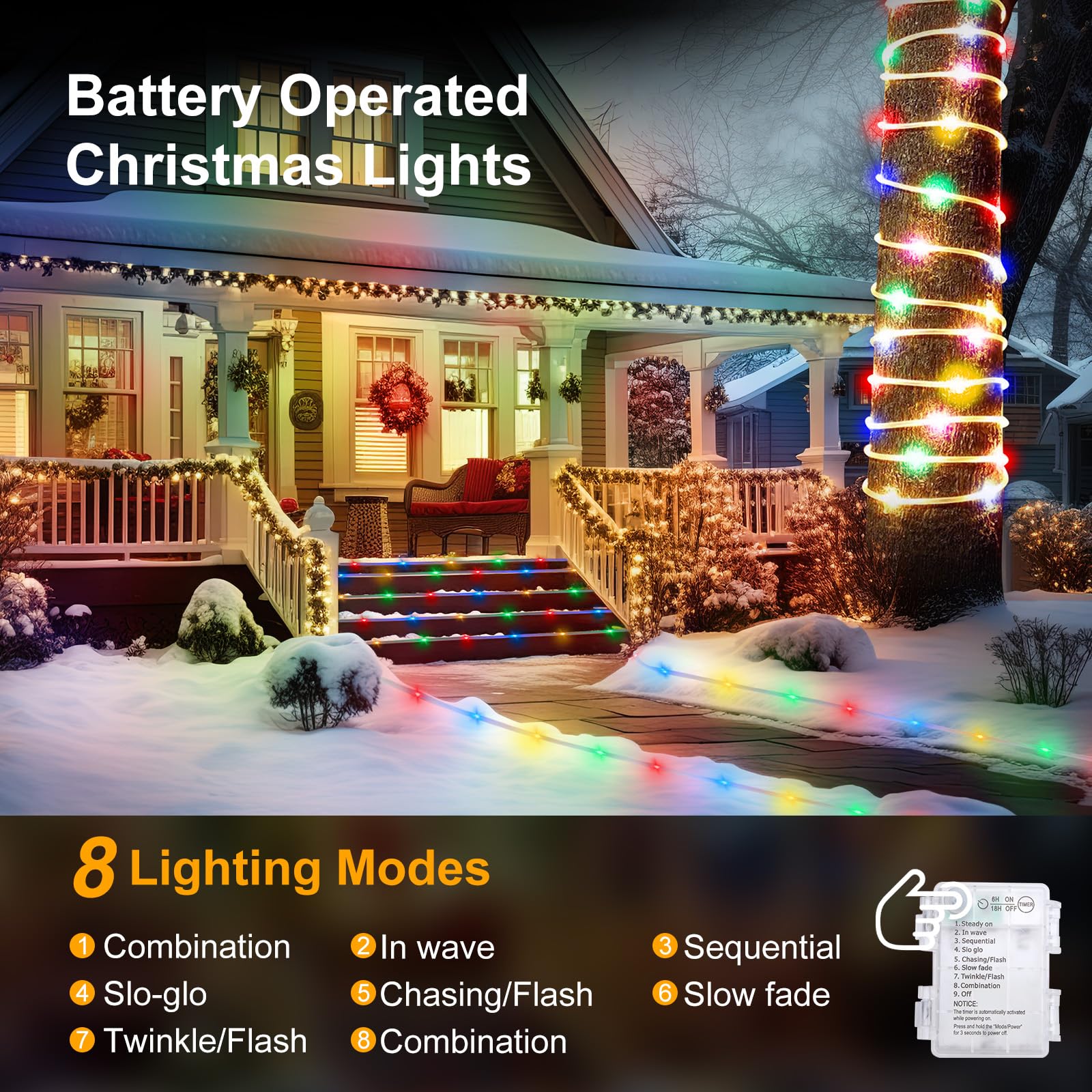Minetom String Lights Battery Operated, 33Ft 100 Led Outdoor Rope Lights Battery Operated, Christmas String Lights With Timer, 8 Mode, Christmas Rope Lights For Outside Bedroom Indoor, Multicolor