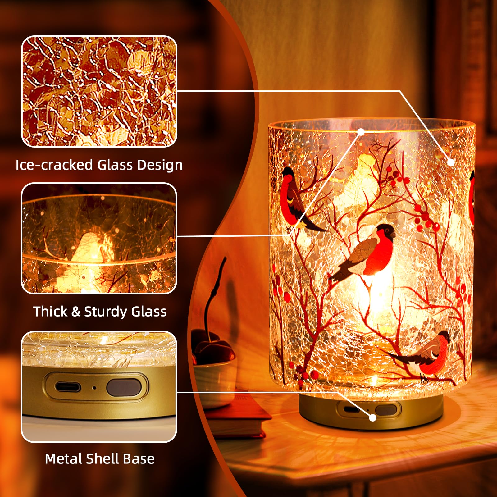 Rechargeable Battery Table Lamp Timer, Handmade Crackle Glass Lamps With Two-Level Dimmer, Emergency Cordless Lamp For Area No P
