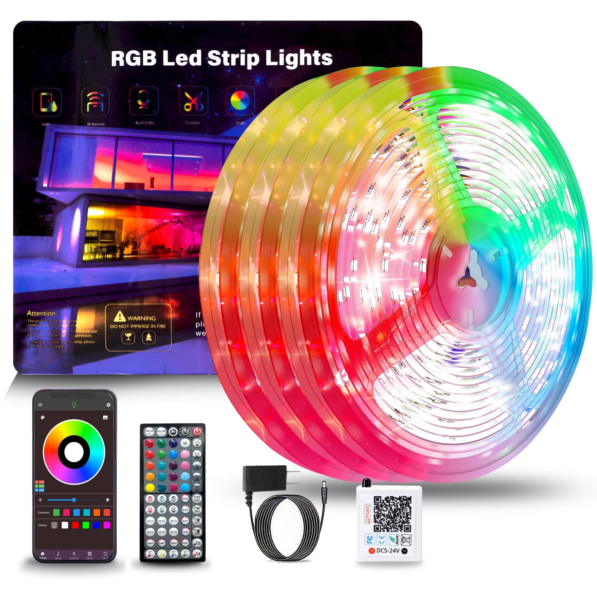 NBBUFF RGB LED Strip Lights 300FT, Music Sync, Remote & App Control, Plastic, White, Model NB-rgb00-7