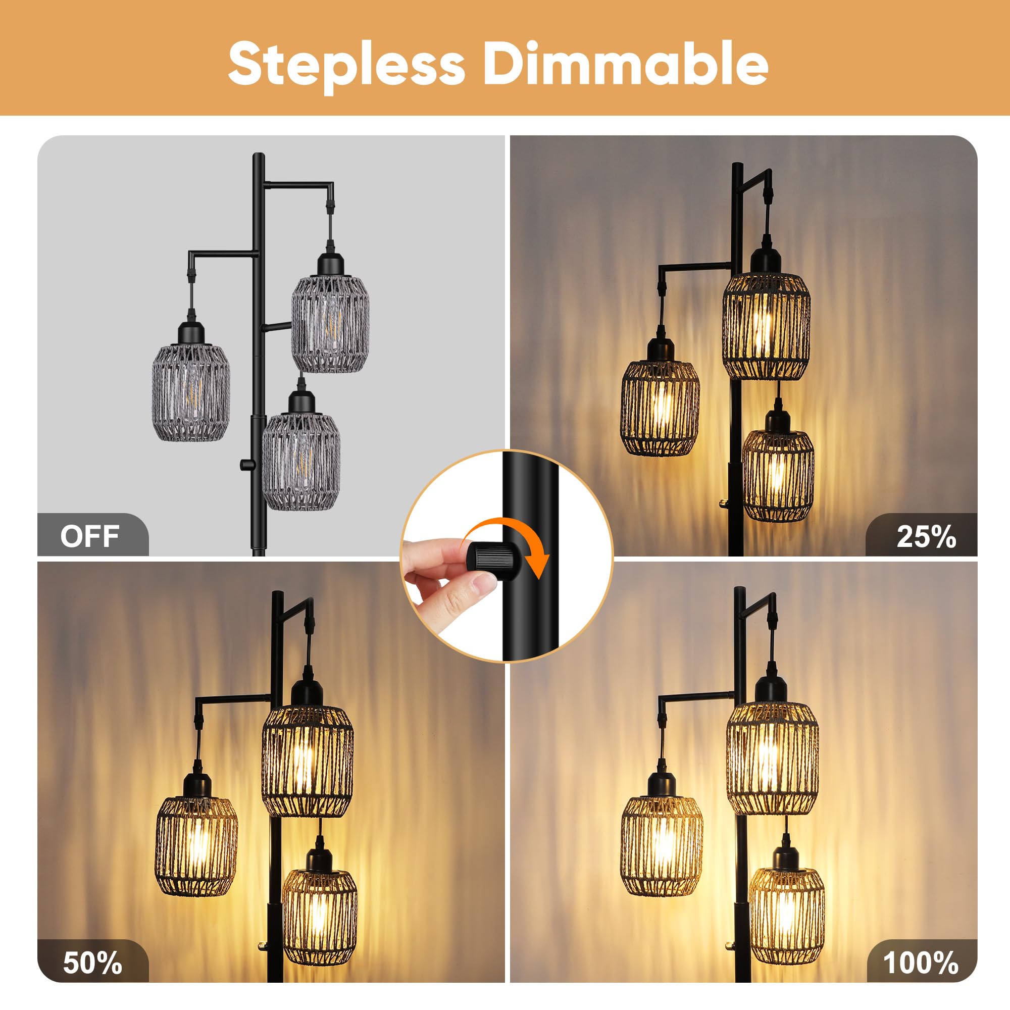 ROTTOGOON Dimmable Boho Floor Lamp - 3-Light Rattan, 68" Tall, Black & Gray, Metal, Model ROFP125AB1