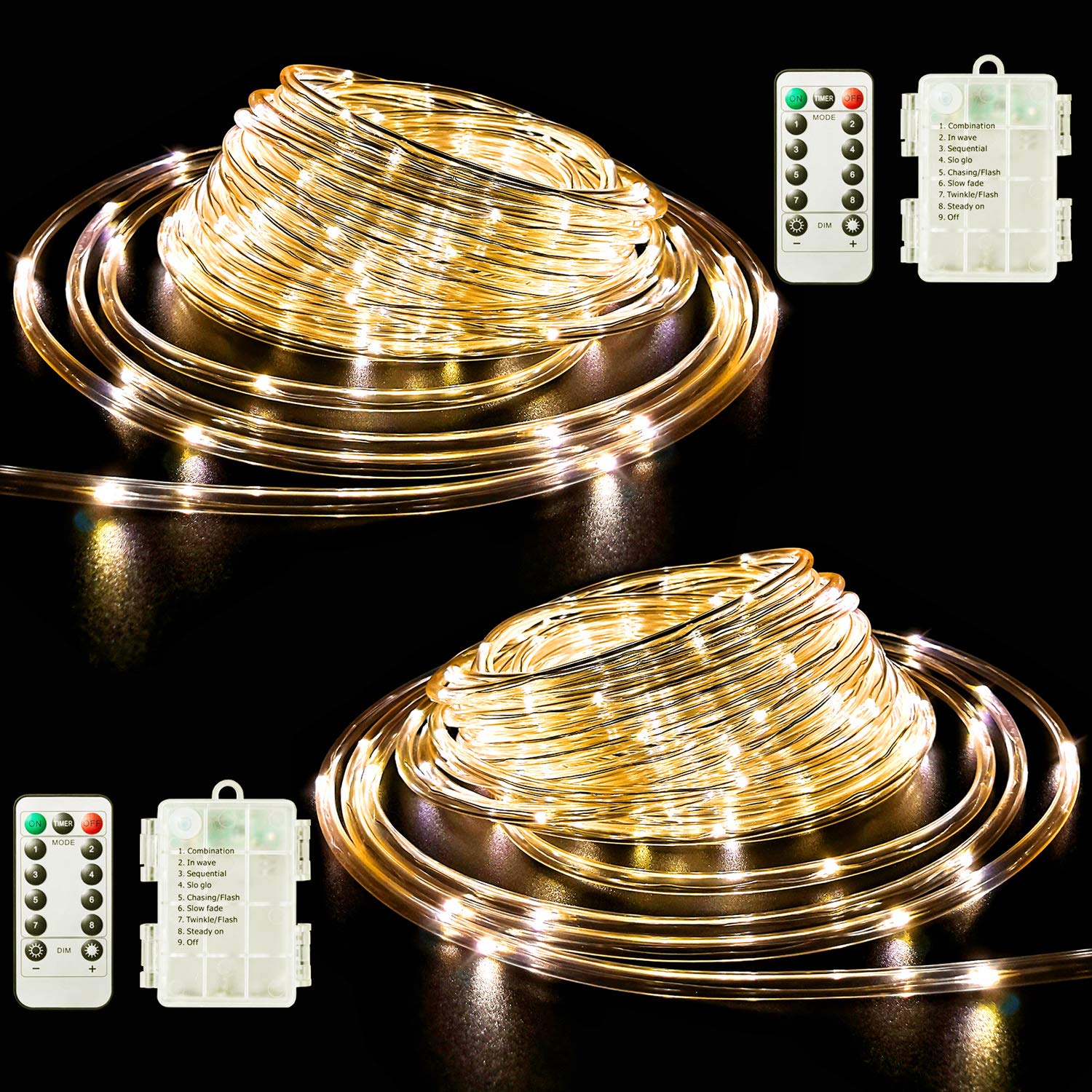 Fatpoom LED Rope Lights 40Ft 120 LED Warm White Waterproof String Lights with Remote, Dimmable/Timer, 2-Pack