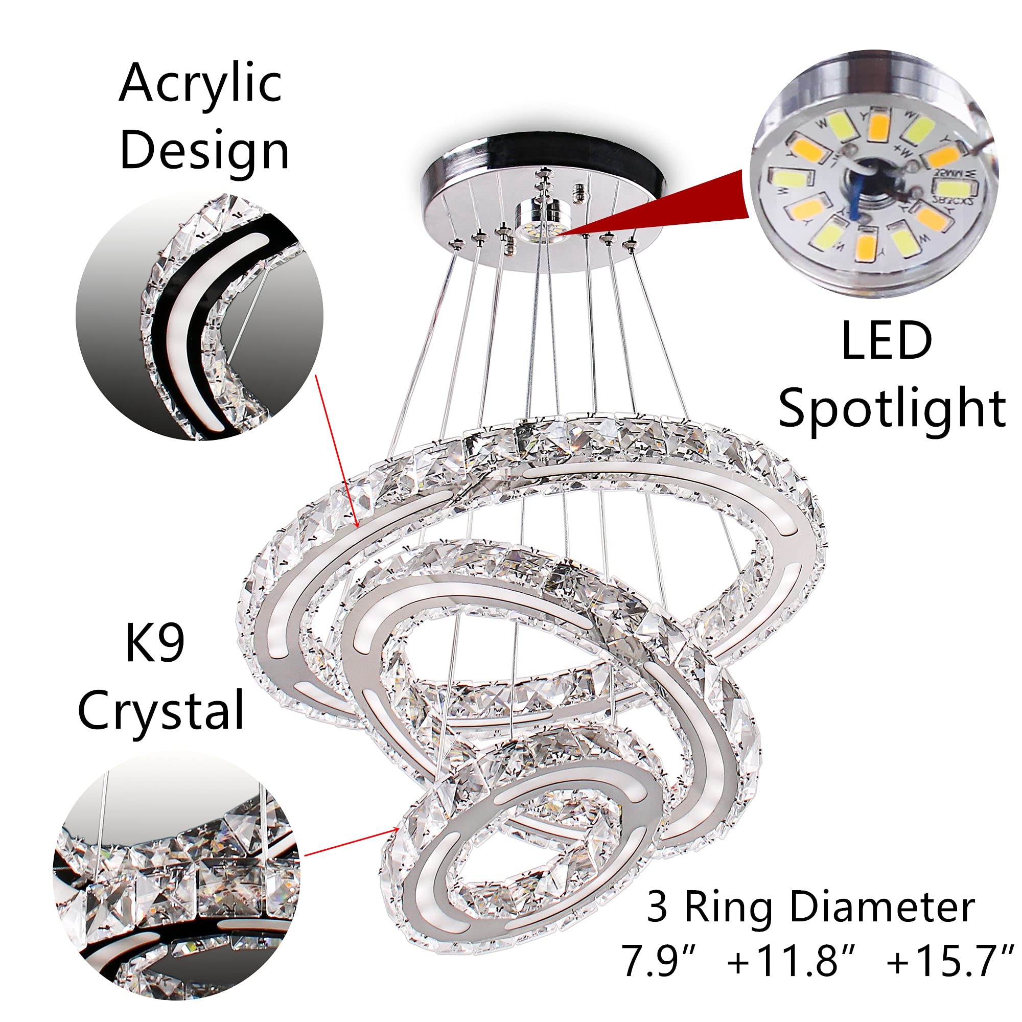 CXGLEAMING Modern Crystal Chandelier LED Pendant Light, Dimmable, 3 Rings, 180mm Base, 153 Crystals for Kitchen, Dining, Living Room