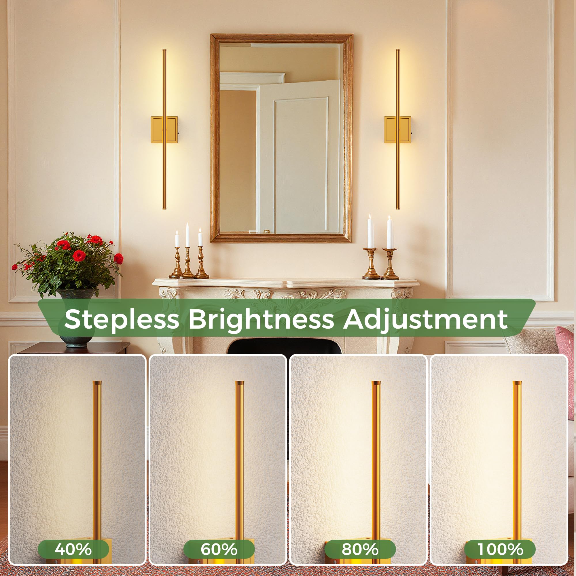 DORESshop Battery Operated Wall Sconces Set of 2, Dimmable, Brass, 28.1 Inch, Rechargeable, Wireless Lights for Bedroom, Living Room