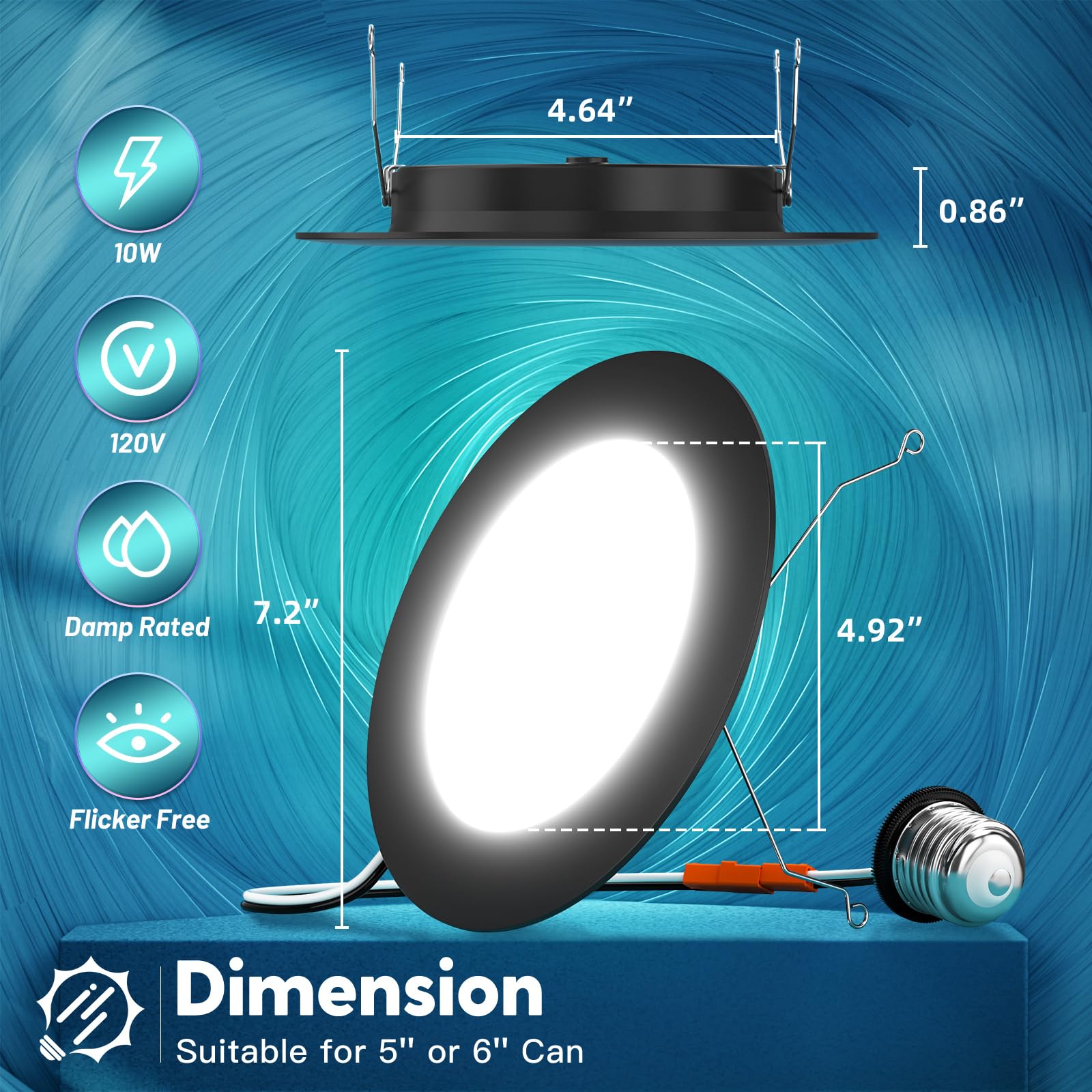 FREELICHT 6 Inch Dimmable LED Recessed Lighting - 6 Pack, Selectable 2700K-6000K, 1000LM, Black, ETL