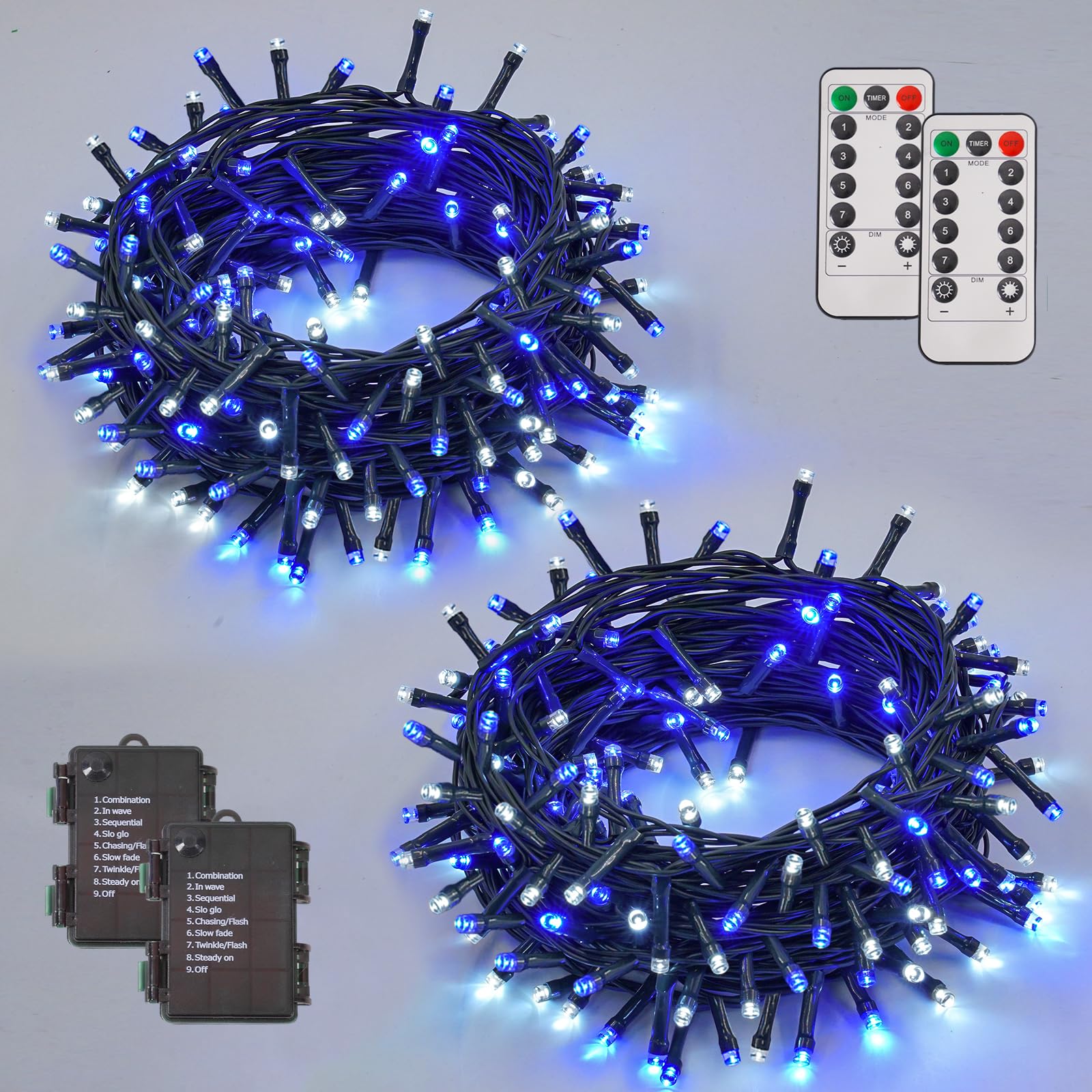 YEGUO Christmas Lights Battery Operated, 2 Pack Each 33ft 100 LED Blue and White String Lights Outdoor Waterproof, 8 Modes Green