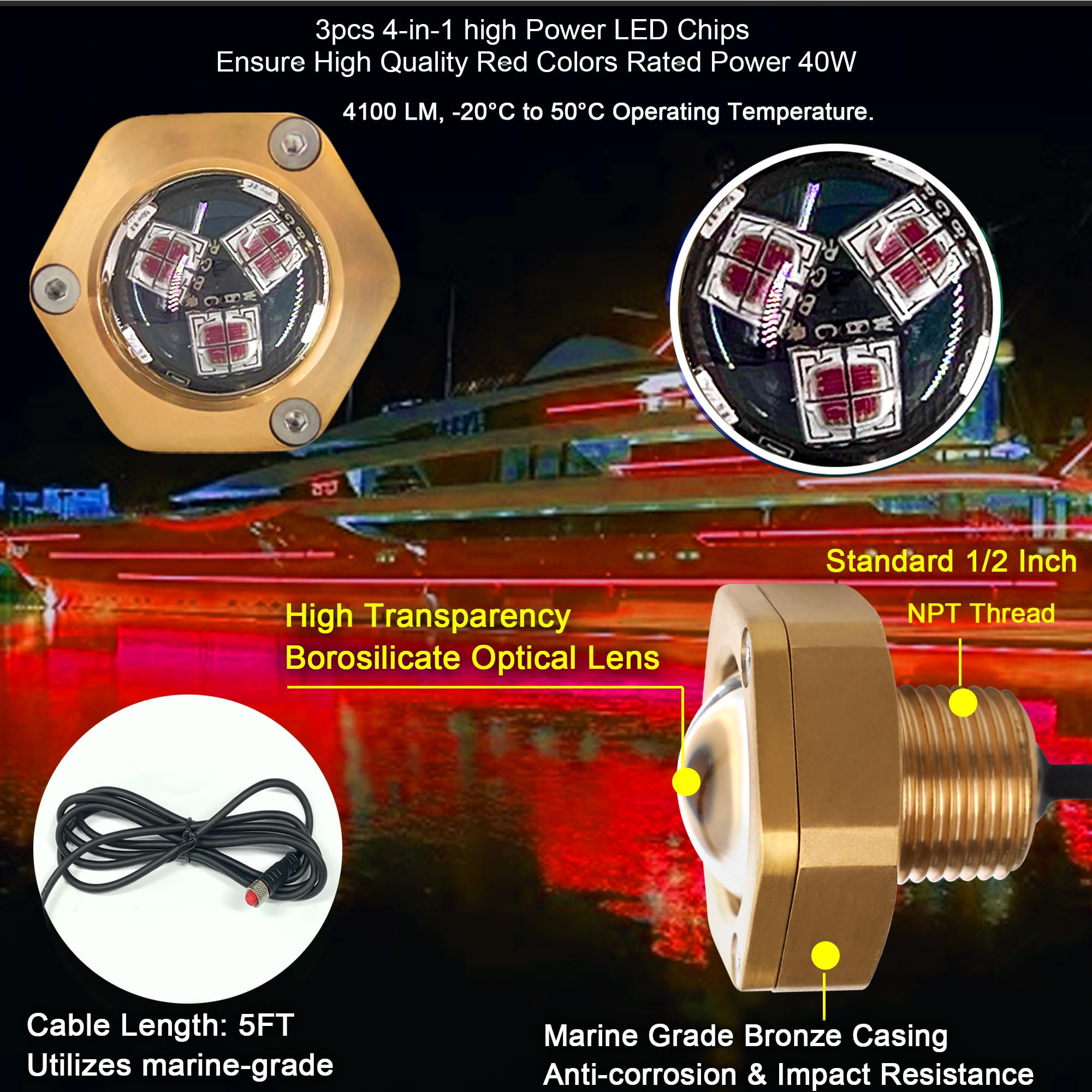 NBWDY Boat Drain Plug Light - 4100LM, IP68 Waterproof, Red, Bronze Housing, APP Remote Control, Smart Cooling System