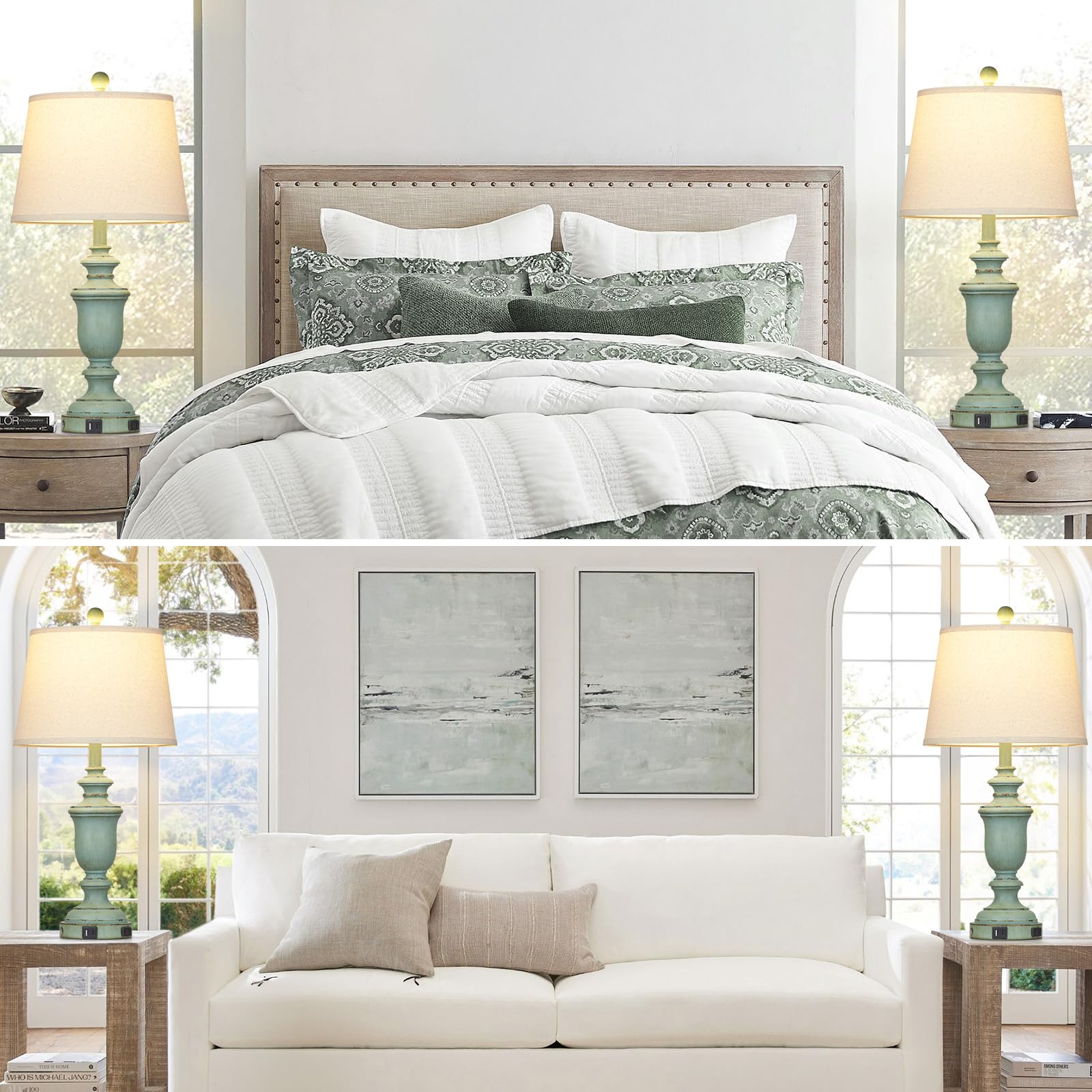 Cinkeda 25.6'' Farmhouse Table Lamps Set Of 2 With Usb C+A Ports & Ac Outlet For Rustic Living Room Retro Bedroom,3-Way Dimmable