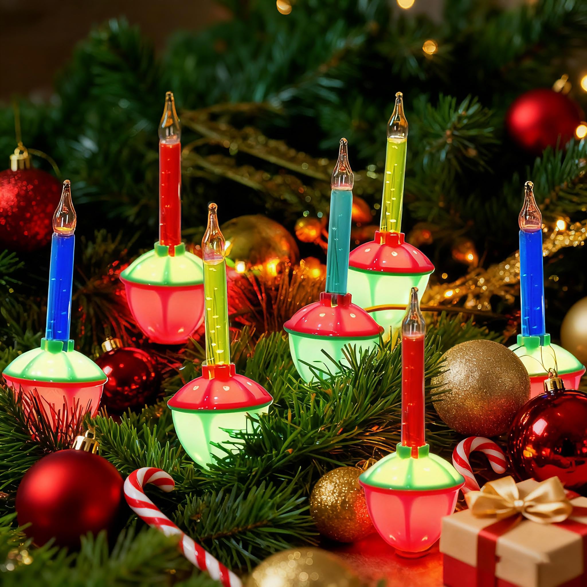 Vintage Christmas Bubble Lights Set, 11Ft Multicolor Bubble String Lights with 8 Multicolor Bulbs (1 Spare), C7/E12 Candelabra B