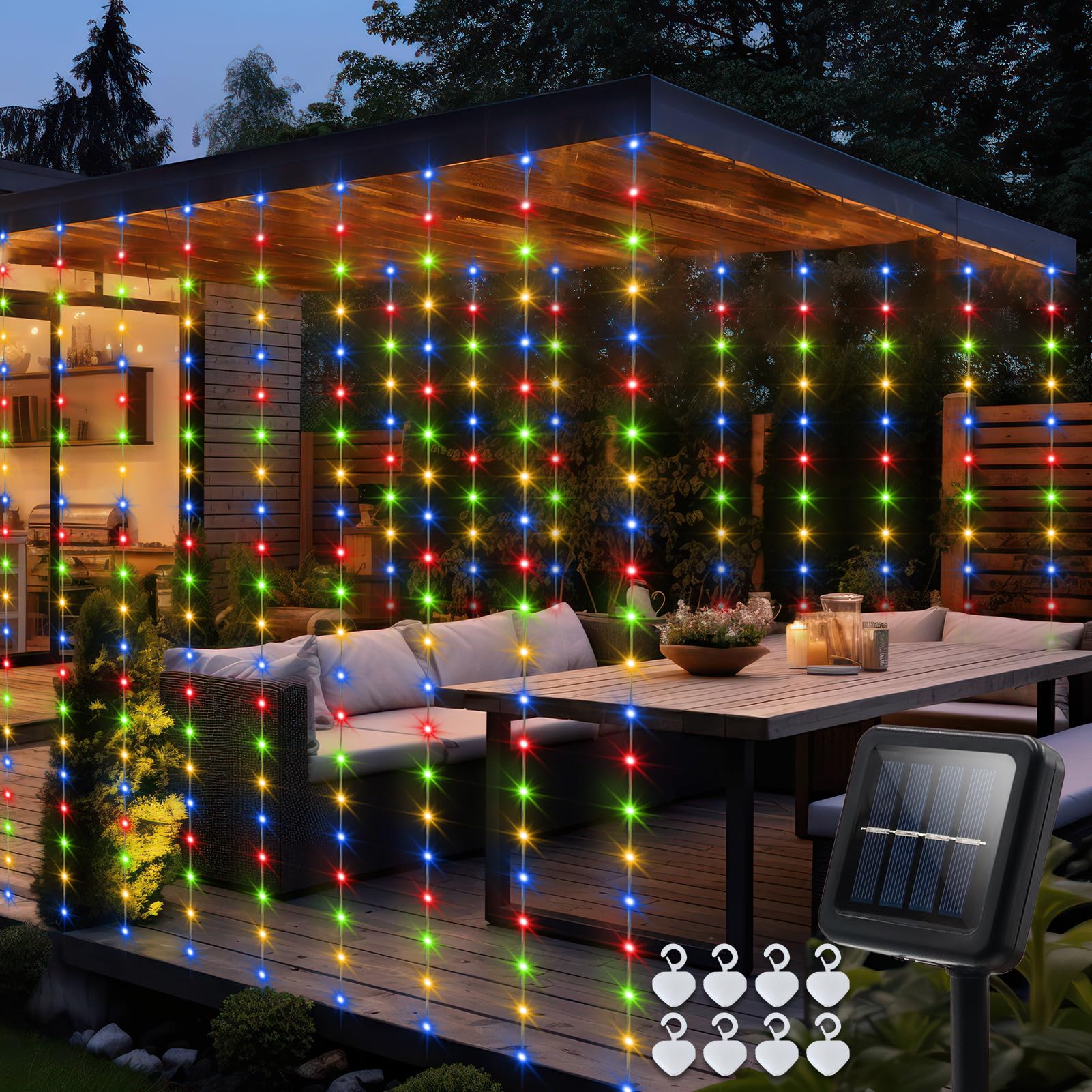 echosari Solar Curtain Lights 7.9ft x 6ft 144 LED Outdoor Curtain Lights Waterproof with Timer 8 Modes for Christmas Garden Pati