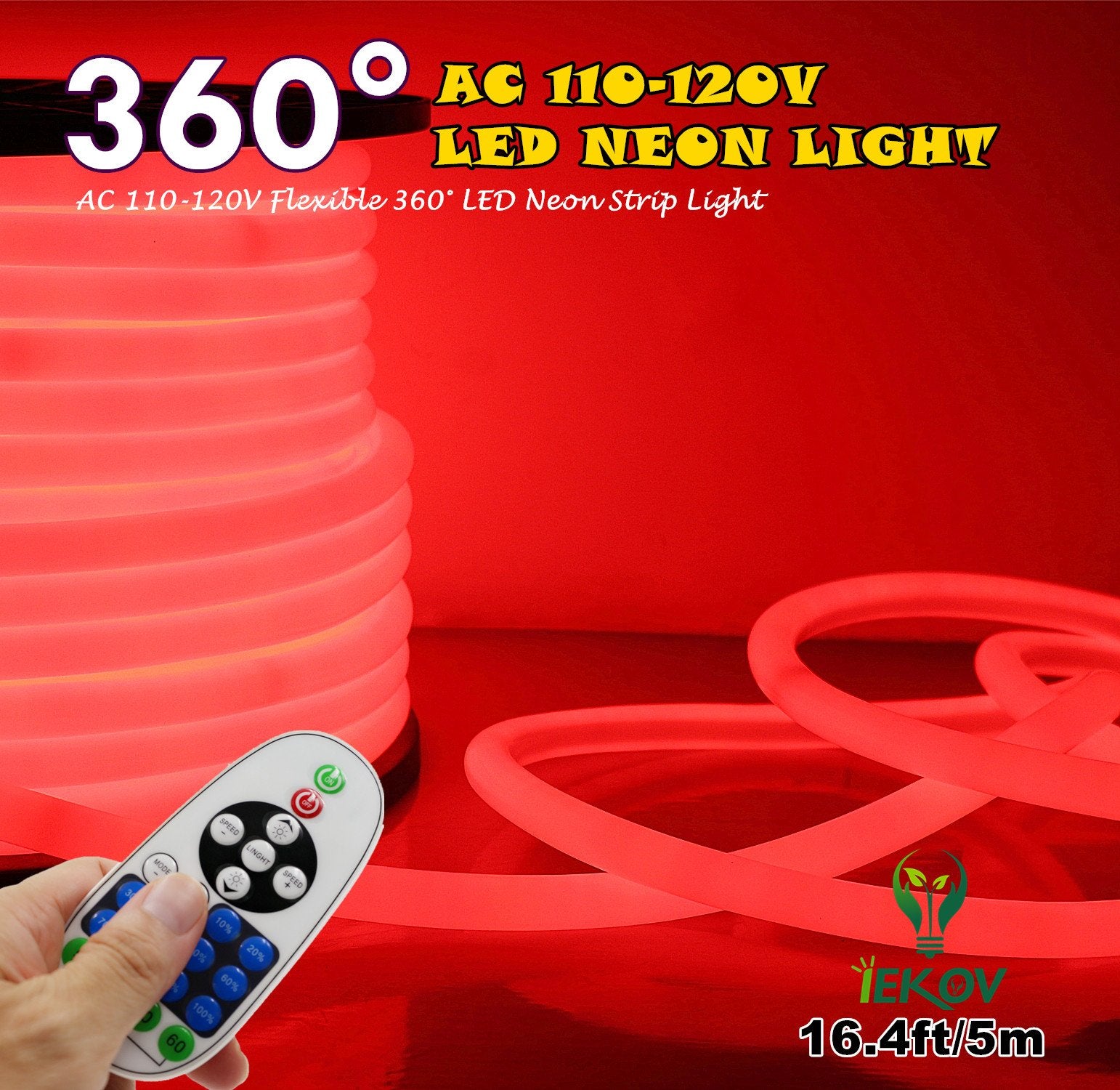 Iekov 360° Led Neon Light, Dimmable Waterproof Rope Light, 5M/16.4Ft, Red, Model 110V-360-Neon-R-5M