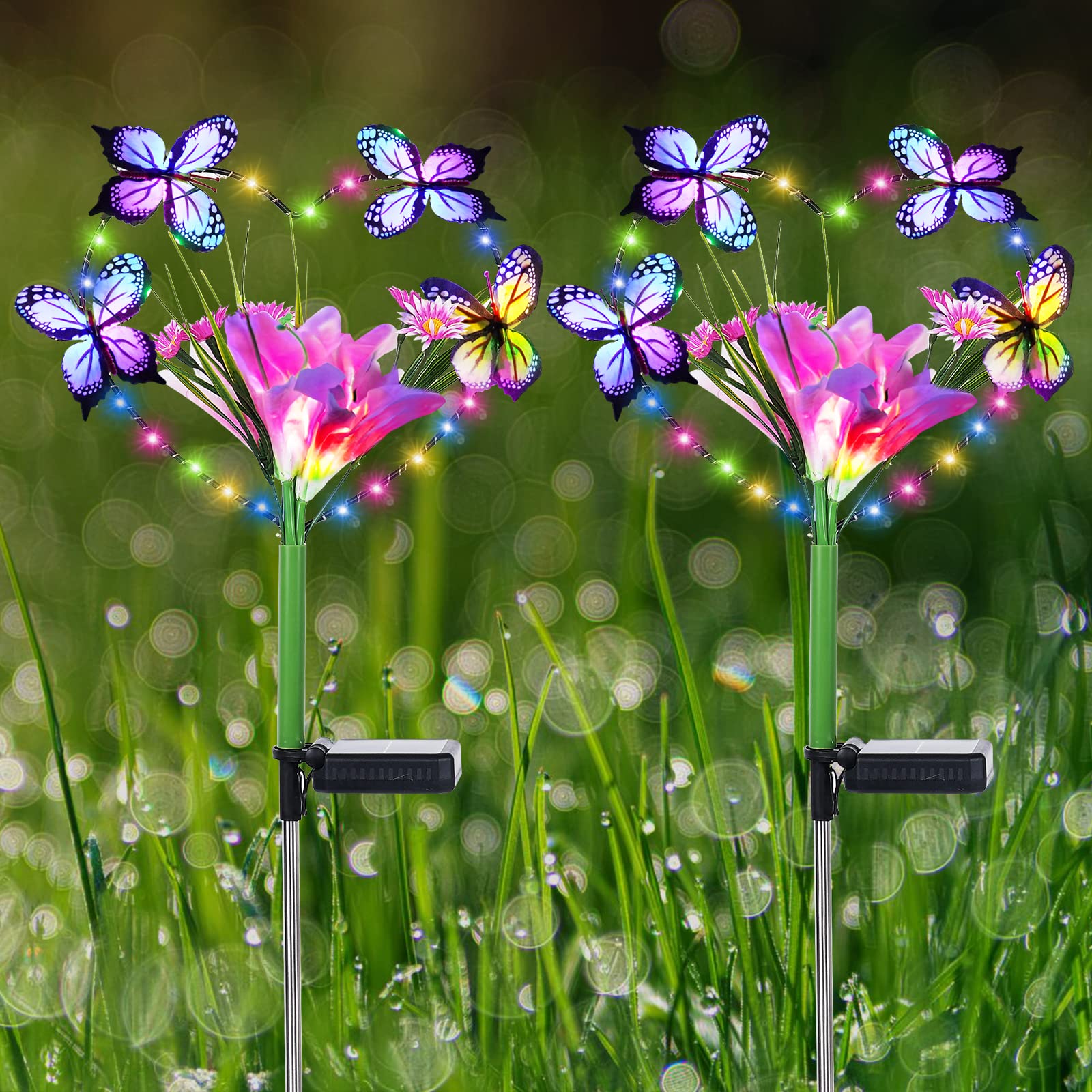 Aukora Solar Garden Lights - Waterproof Heart-Shaped Design With Butterflies & 7 Color Changing Leds - 2-Pack, Multicolor