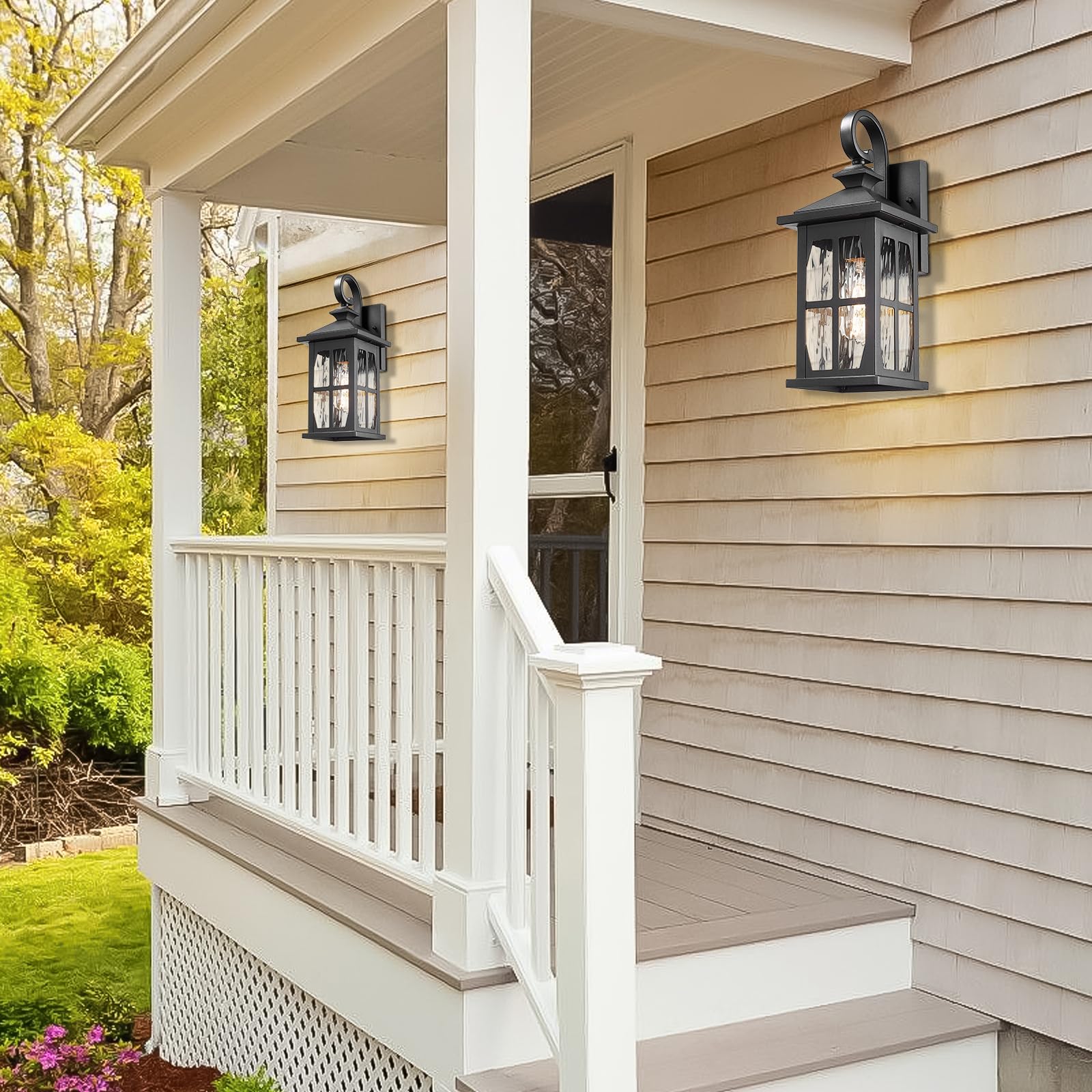 Darkaway Outdoor Wall Lights, 2-Pack Medium, Water Ripple Glass, Black Aluminum, Model 6D11B, Ideal for Porch, Hallway, Garage, Front Door