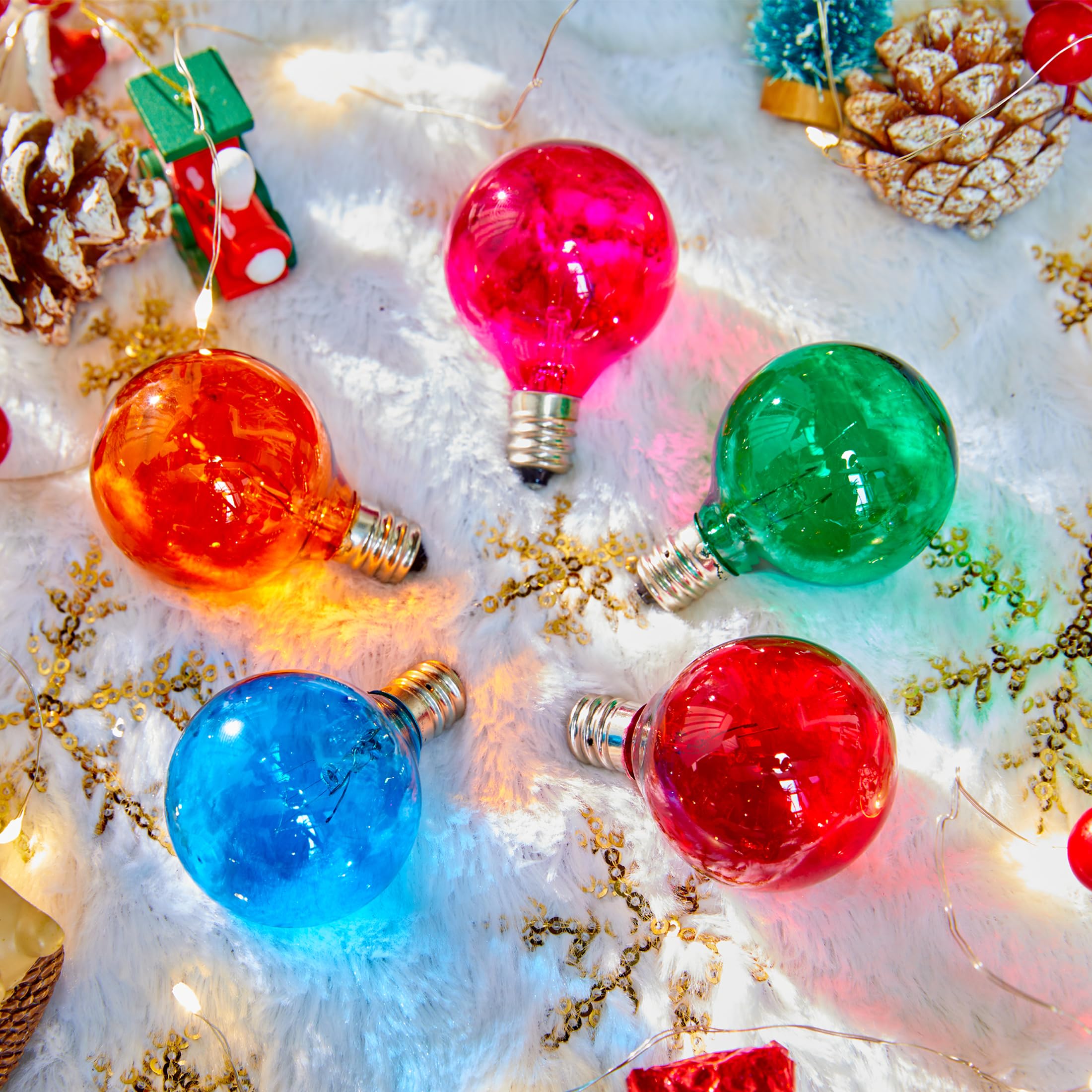 Brightown Multicolor G40 Christmas Replacement Light Bulbs, Ul Listed 5 Watt E12 C7 Candelabra Base Glass Bulbs With Colorful Coating, Easily Screw In Strings Spools Strands, 50 Pack