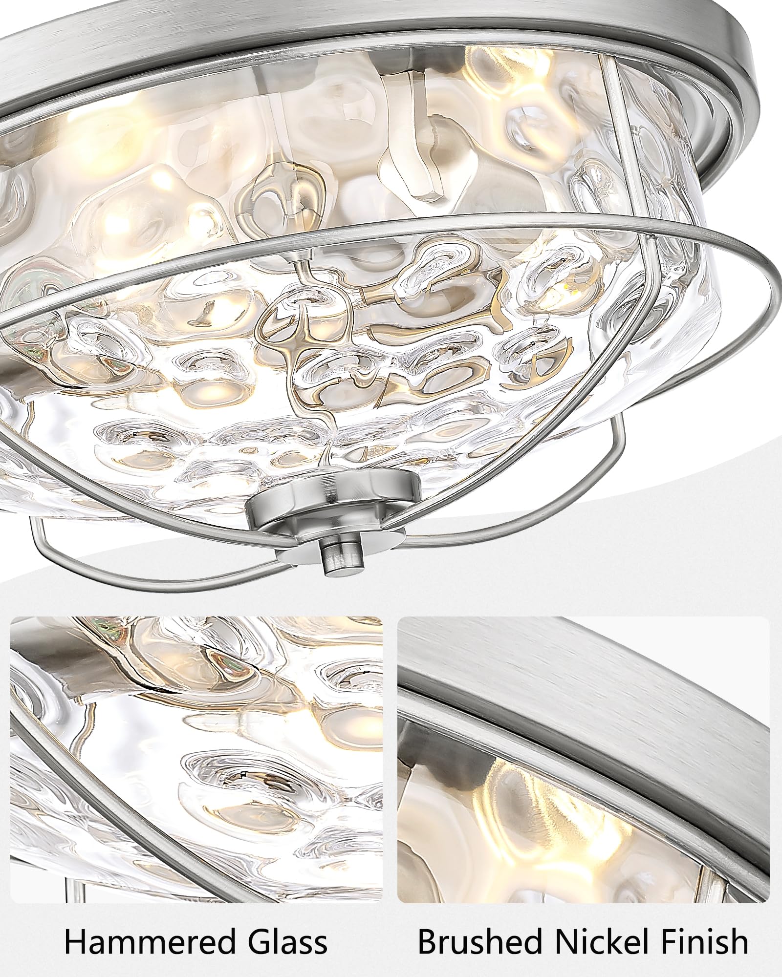 15 Inch Ceiling Light Fixtures, Hwh 3-Light Modern Flush Mount Light With Brushed Nickel Finish, Water Ripple Hammered Glass Cei