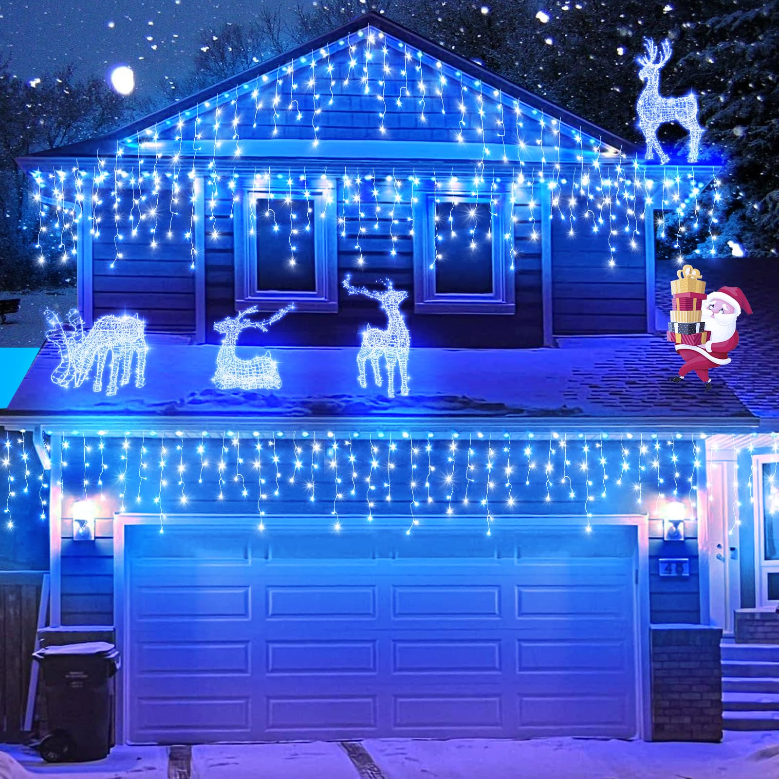 Einiiya Icicle Christmas Lights, 640 LED, 66ft, Waterproof, 8 Modes, Blue & White, Model BG-CL3M3-306L01