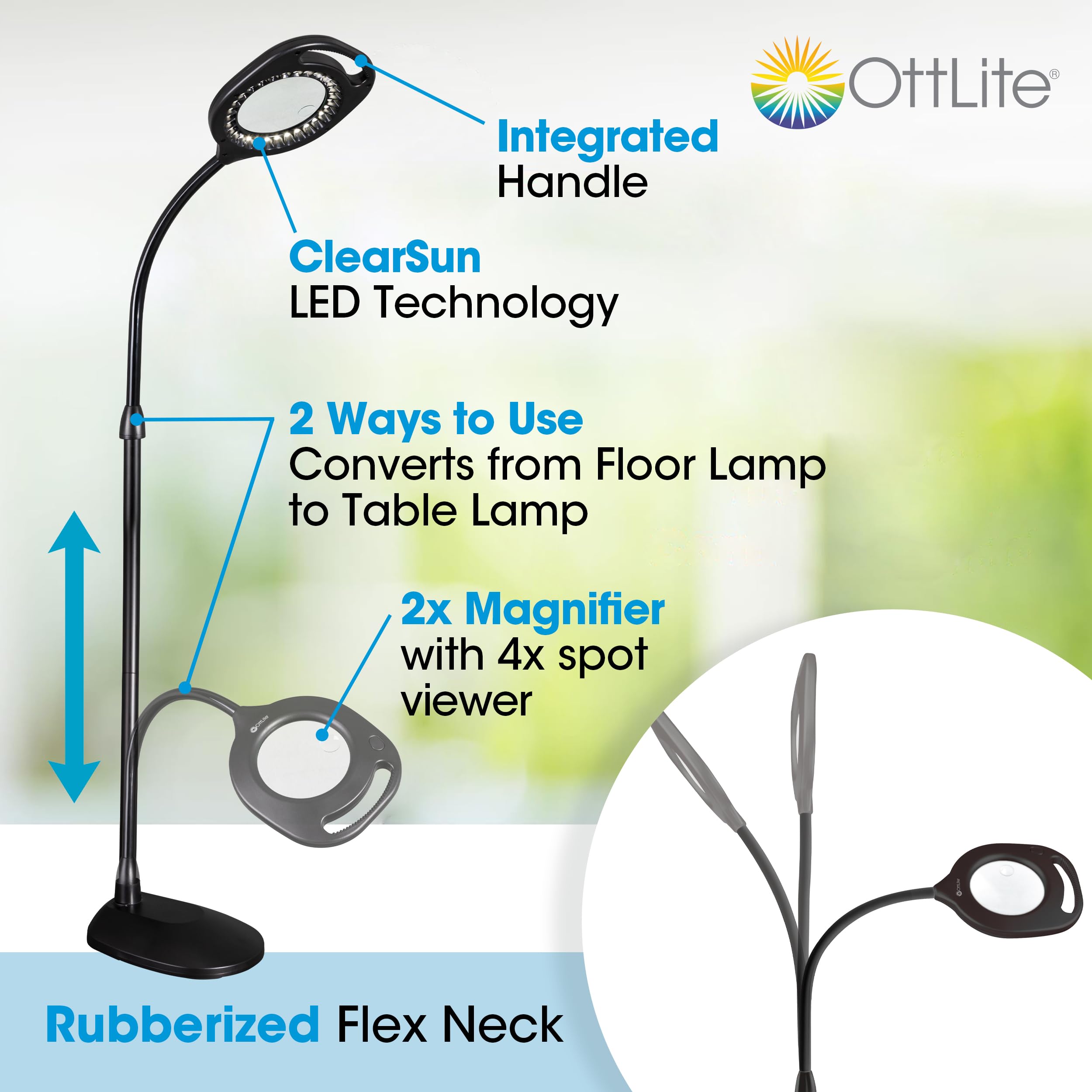 Ottlite 2-In-1 Clearsun Led Magnifier Light Floor And Table Lamp - Optical Grade Hands-Free Magnifying Led Light, Modern Design
