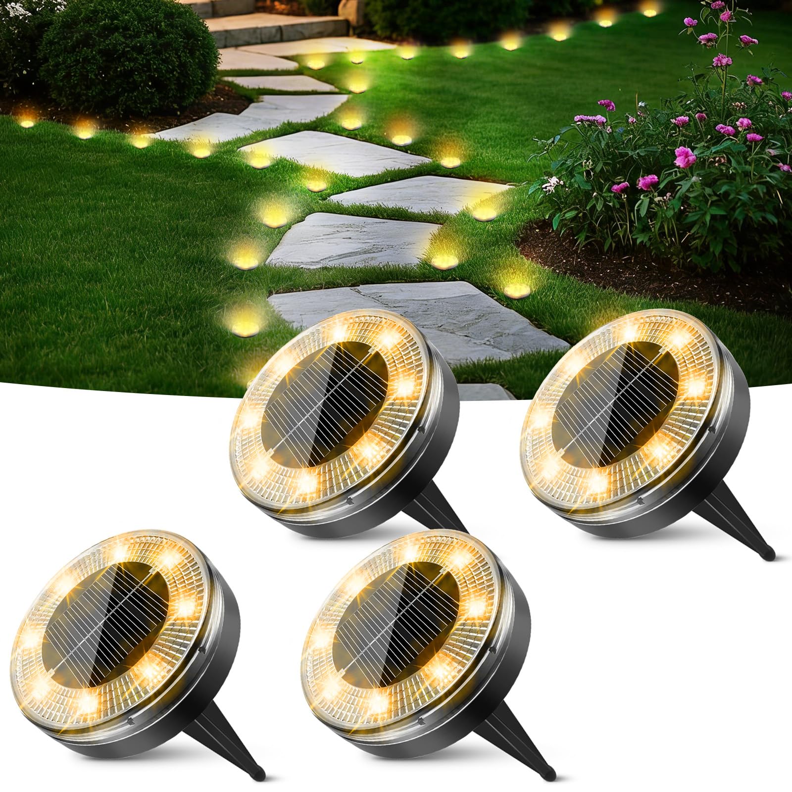 Peasur Mini Solar Ground Lights  4 Pack Flat Solar Disc Lights Outdoor Waterproof  2.3 Inch Small Solar Garden Lights Landscape Lighting for Outside Pathway Garden Yard Lawn Walkway Warm White