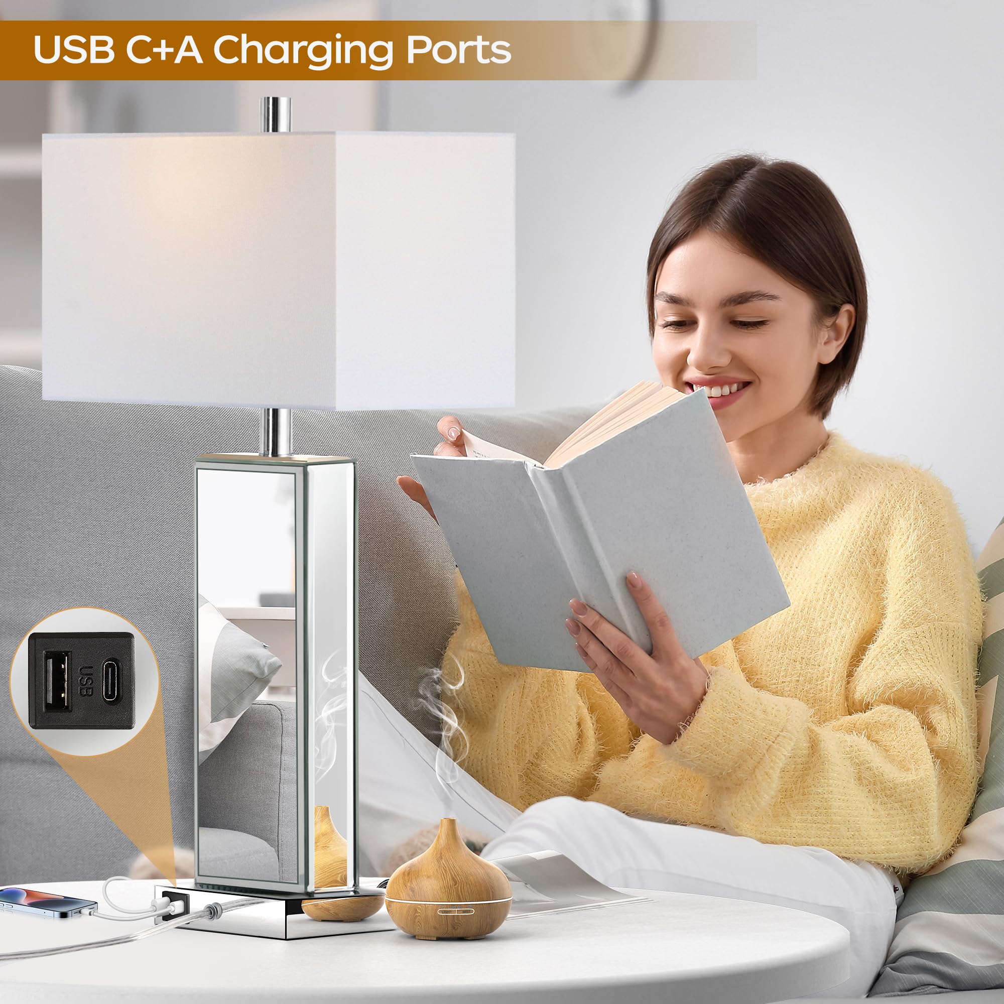 PARTPHONER Modern Table Lamp Set of 2, Silver Crystal Touch Control, 3-Way Dimmable, USB Ports, White Fabric Shade, Model STR-DL-0191