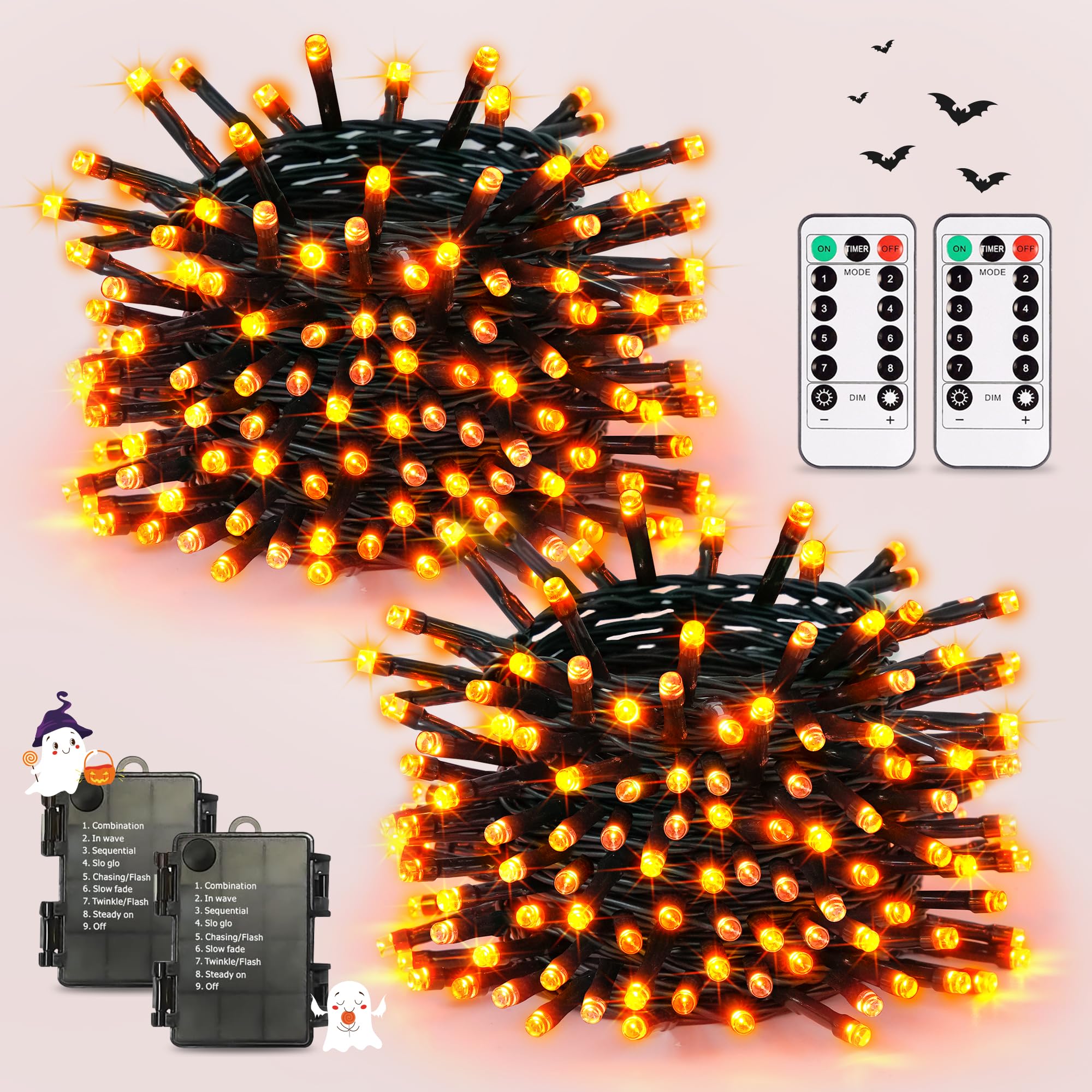 Jmexsuss Orange Halloween Lights Battery Operated, Each 33 Ft Indoor Halloween String Lights Outdoor Waterproof, 2 Pack 100 Led Christmas Lights For Halloween Tree Thanksgiving Decorations