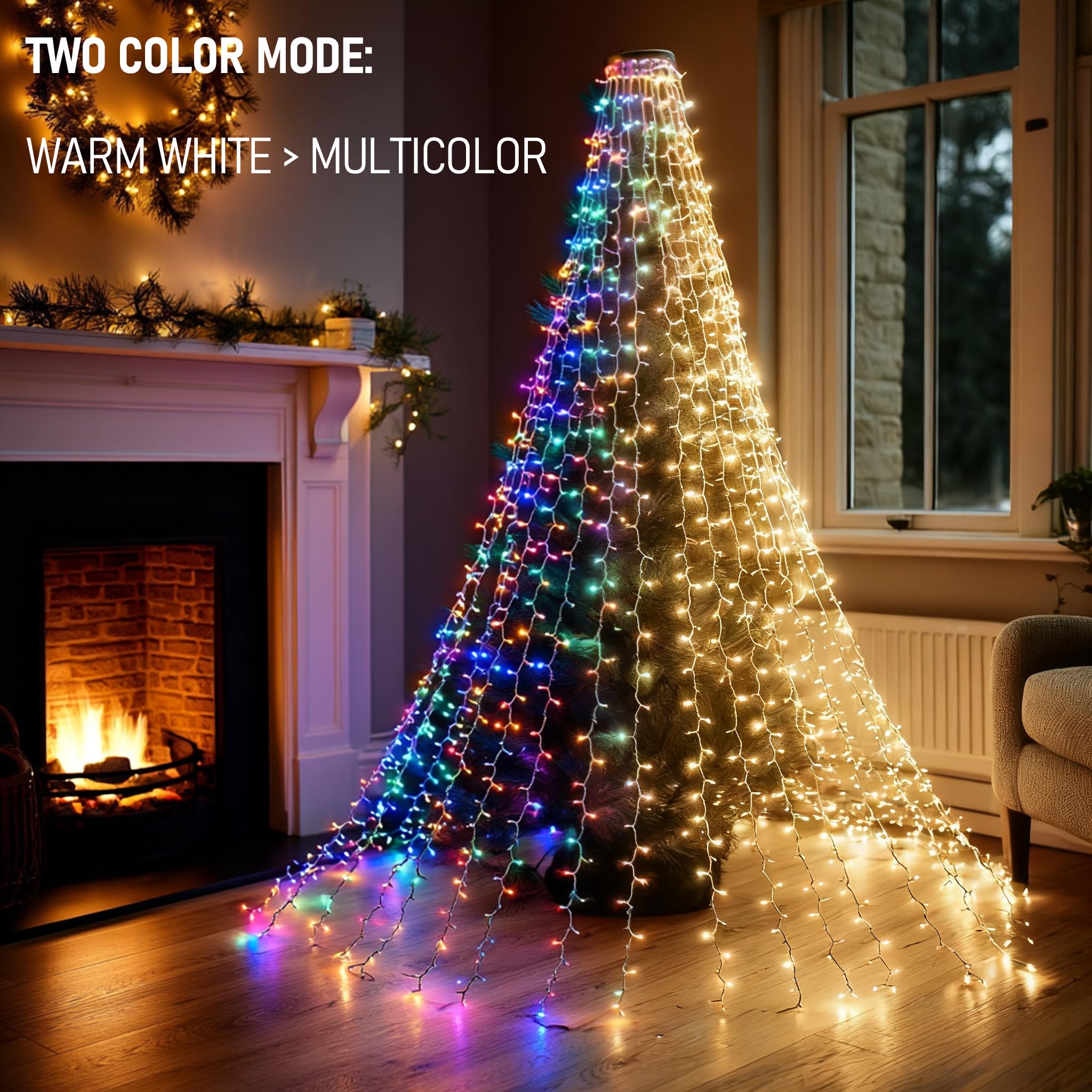 Dazzle Bright Christmas Tree Lights  448 Led Waterfall Tree Topper Lights With Remote & 11 Modes  8.2Ft X 16 Lines Christmas Light For Indoor Outdoor Party Xmas Decoration  Warm White & Multi-Colored