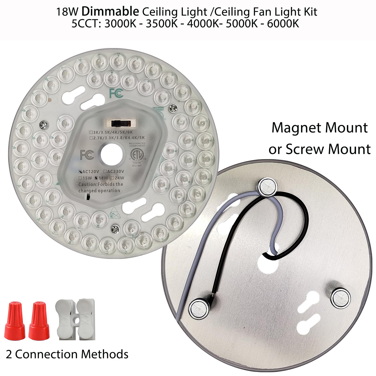 Zhairdalstar 18W-36W 5CCT LED Ceiling Fan Light Kit, ETL Listed Retrofit Light Engine, Clear Aluminium Panel Replacement