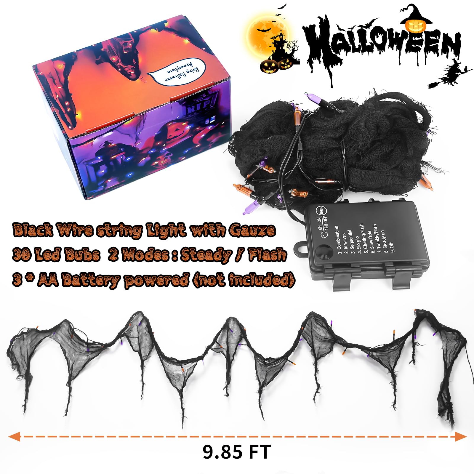 Halloween Horror Atmosphere Lights  Orange&Purple Led String Lights With 9.9Ft Creepy Black Gauze  Battery Powered With Timer & 8 Flashing Modes (Orange & Purple)