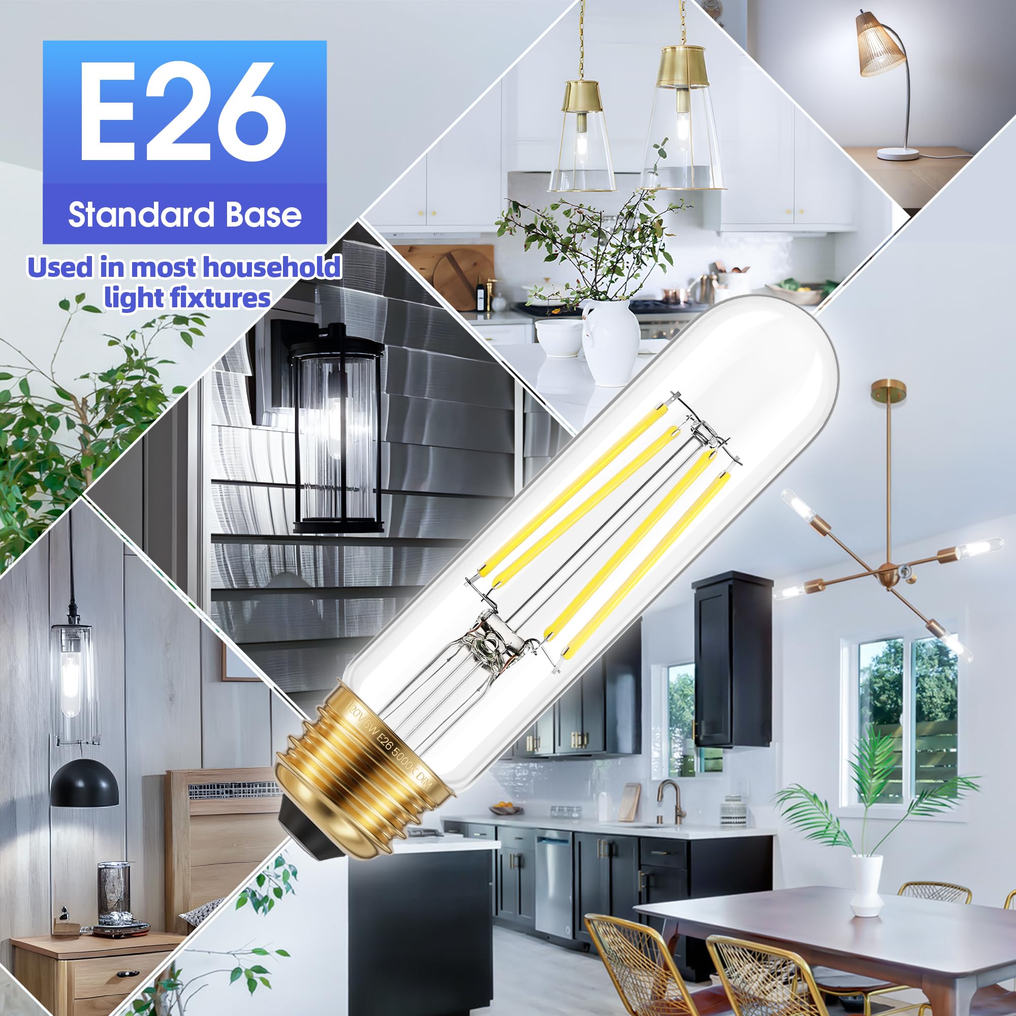 Ggoying Dimmable E26 Led Bulb 60W Equivalent, 600Lm Daylight White 5000K E26 Edison Bulbs, 6W Tubular T10 Led Bulb For Rustic Pe