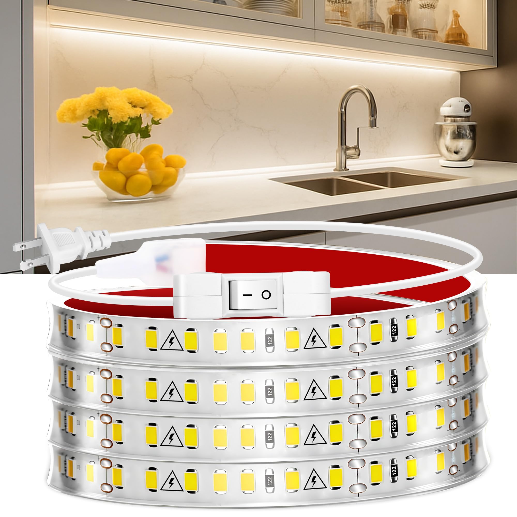 maylit LED Strip Lighting Plug in, 72in, Warm White, Ultra Bright, Model 2700K, Ideal for Kitchen Cabinet, Desk, Closet, Indoor Use