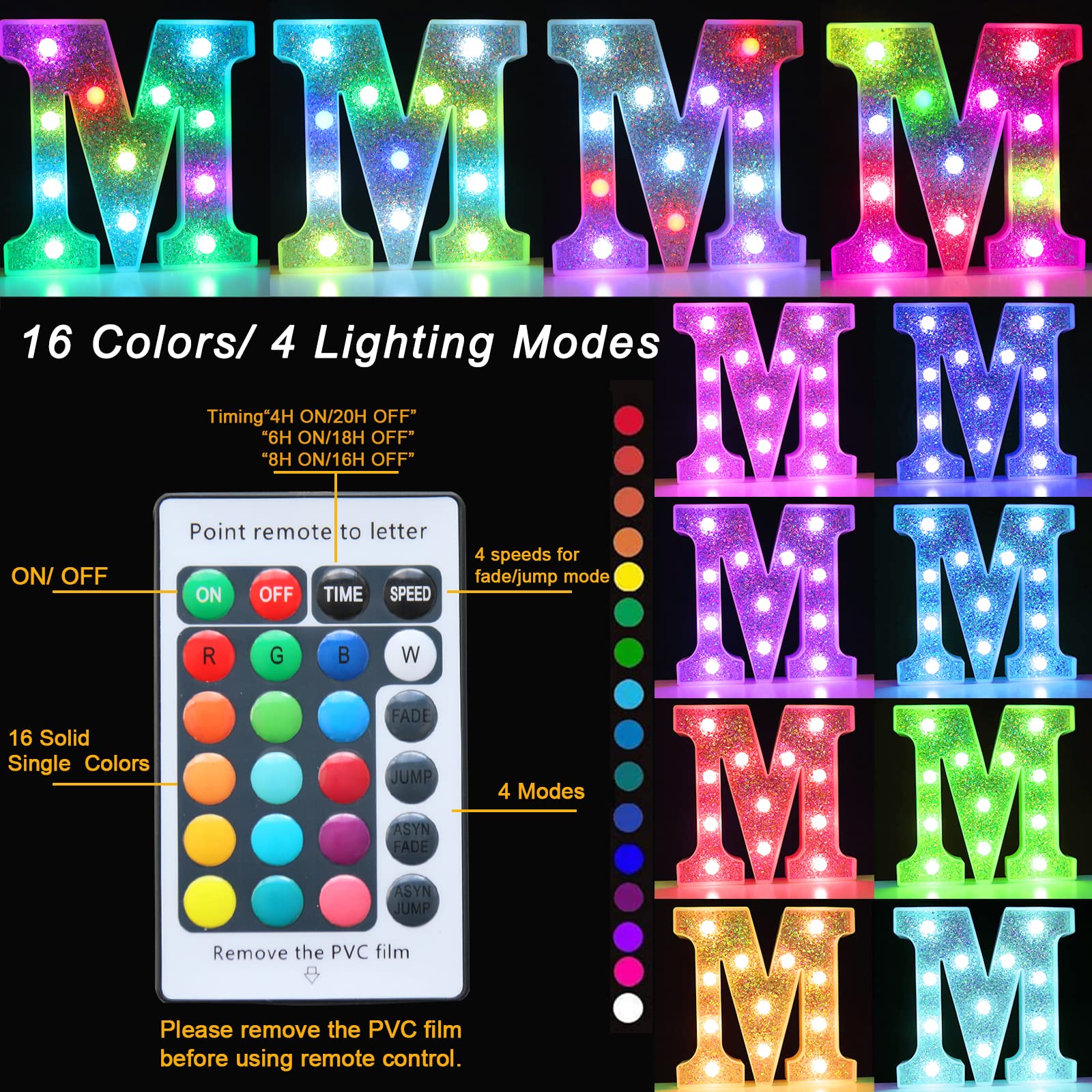 Pooqla LED Marquee Letter Light, Battery Operated, 16 Colors, Silver, Letter M
