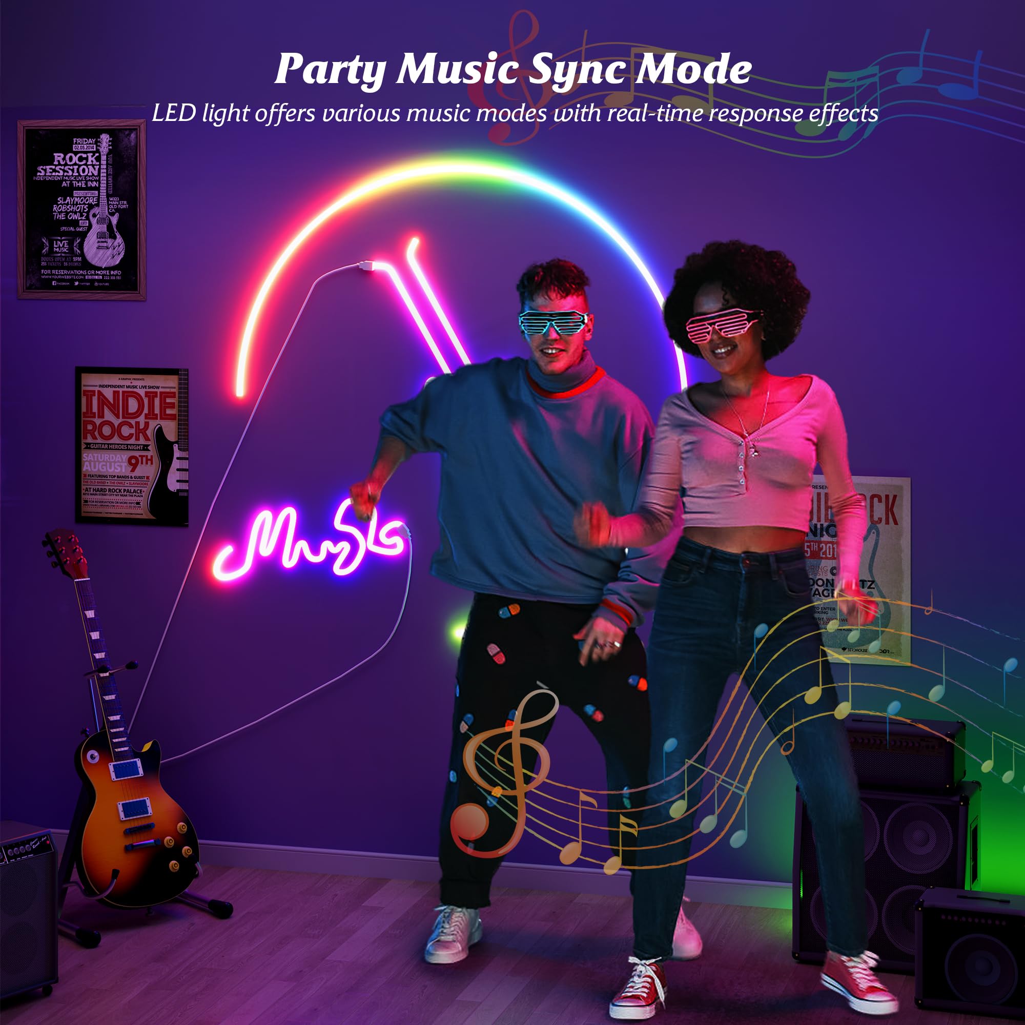 Galgreen Smart LED Neon Rope Lights, 16.4ft RGBIC Waterproof Strip, Music Sync, Compatible with Alexa, Flexible DIY Indoor Lighting