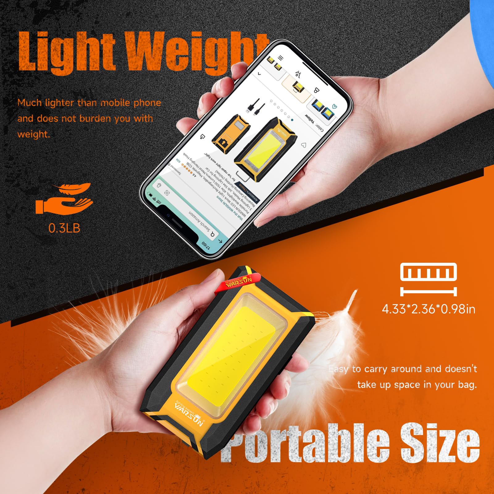 Warsun Led Work Light Rechargeable, Magnetic Cob Portable Worklights, 40W 1500 Lumens,Metal Hanging Hook 3 Lighting Modes, Job Site Lighting For Car Repairing,Camping,Hunting (Yellow)