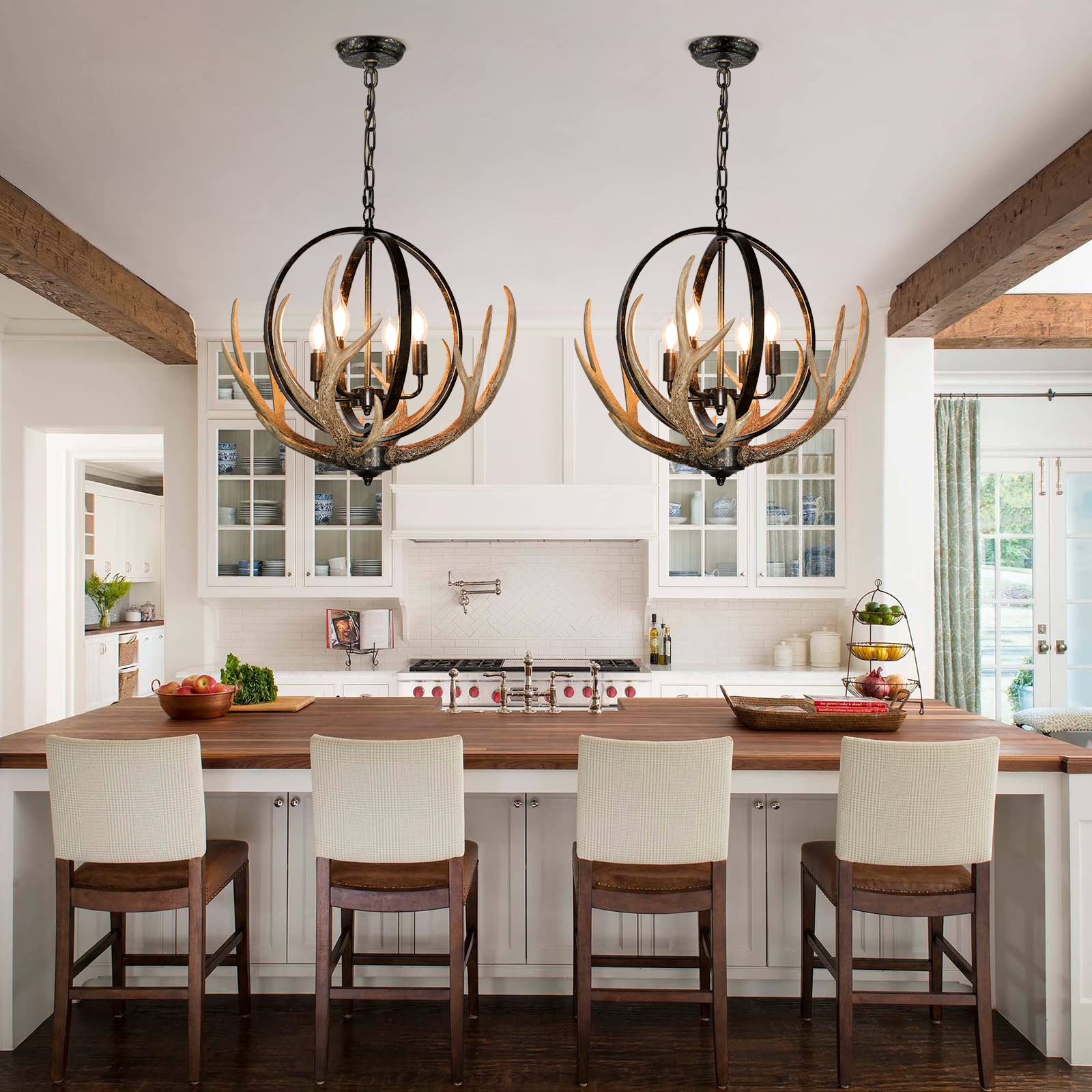 Debemenes Antler Chandelier 4 Lights, 20" Rustic Farmhouse Chandelier With Resin 4 Antlers And Retro Metal Globe Chandeliers Vintage Style For Dining Room, Kitchen, Entryway, Living Room