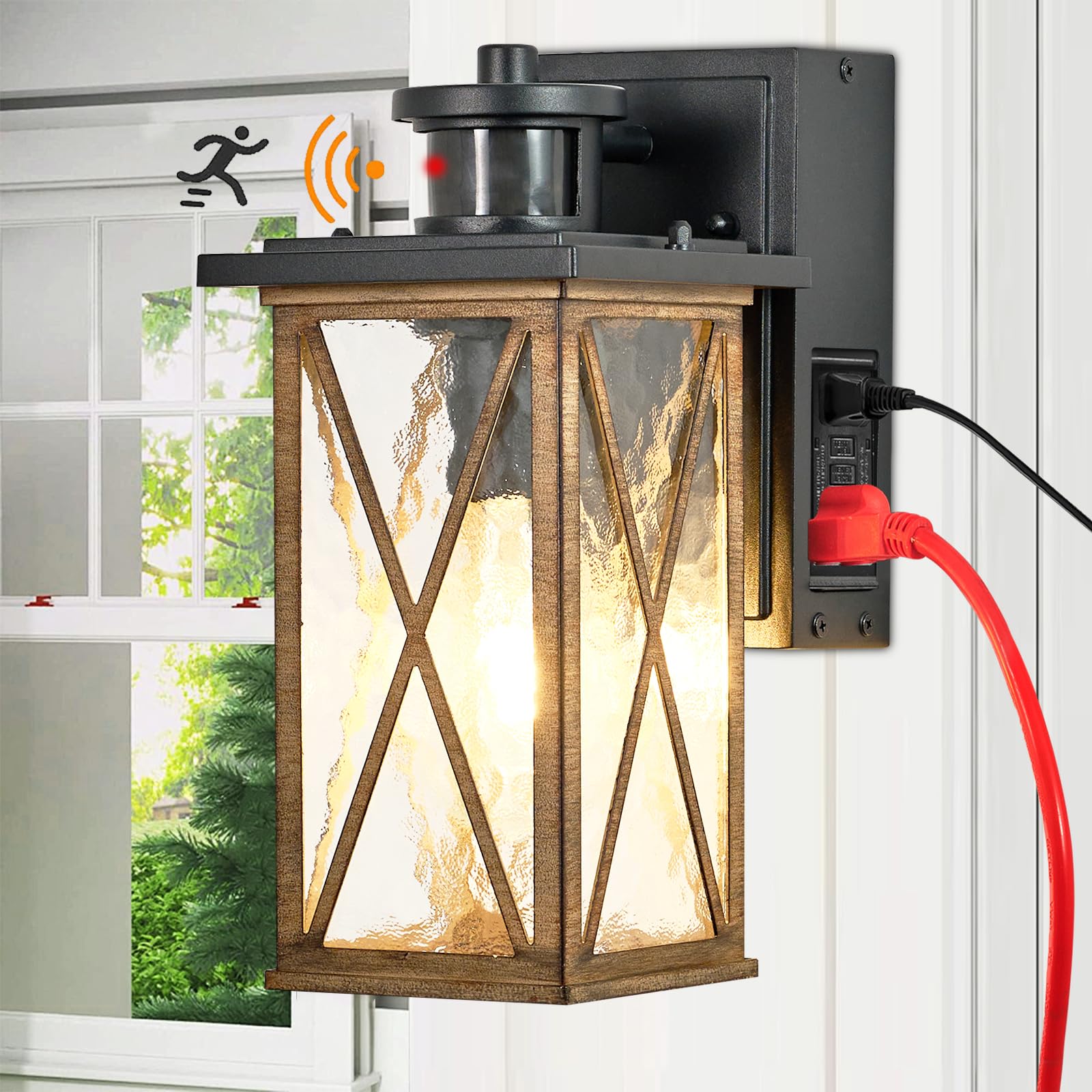 Dusk to Dawn Motion Sensor Outdoor Porch Light with GFCI Outlet,3 Lighting Modes Anti-Rust Waterproof Industrial Outdoor Lantern,Exterior Work Lights Rustic Wood-Like Finish Wall Light,UL ETL Listed