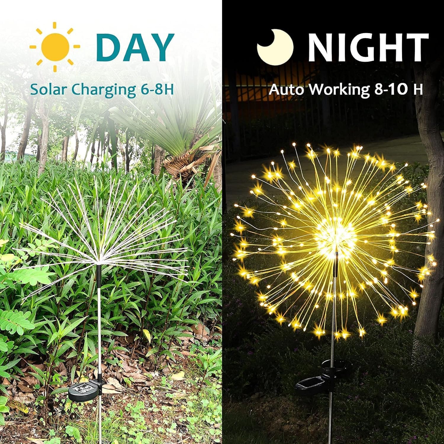 Jjgoo Solar Firework Lights  4 Pack 120 Leds 2 Lighting Modes Solar Garden Lights Outdoor Waterproof For Yard Patio Walkway Pathway Party Wedding Christmas Decorative - Warm White
