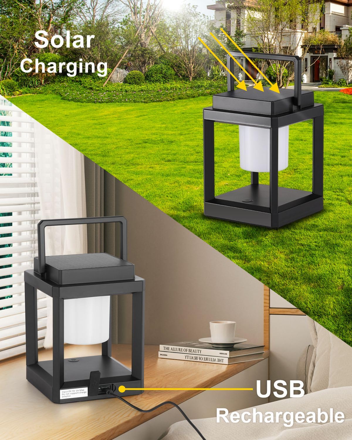 DAKAFUL Outdoor Table Lamp, LED Solar Lantern, Rechargeable, Waterproof, Square, Black, Model CA-DA-SL