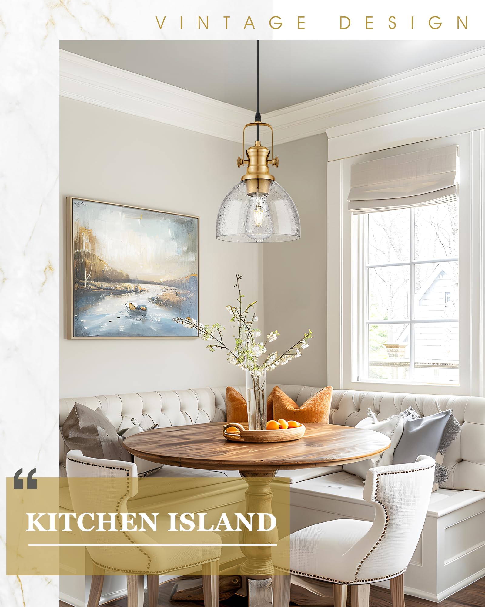 Audickic 7.5" Farmhouse Pendant Lights, 2-Pack Vintage Hanging Fixtures, Seeded Glass Shade, Brushed Gold, Model AD-22151-1P2-GD