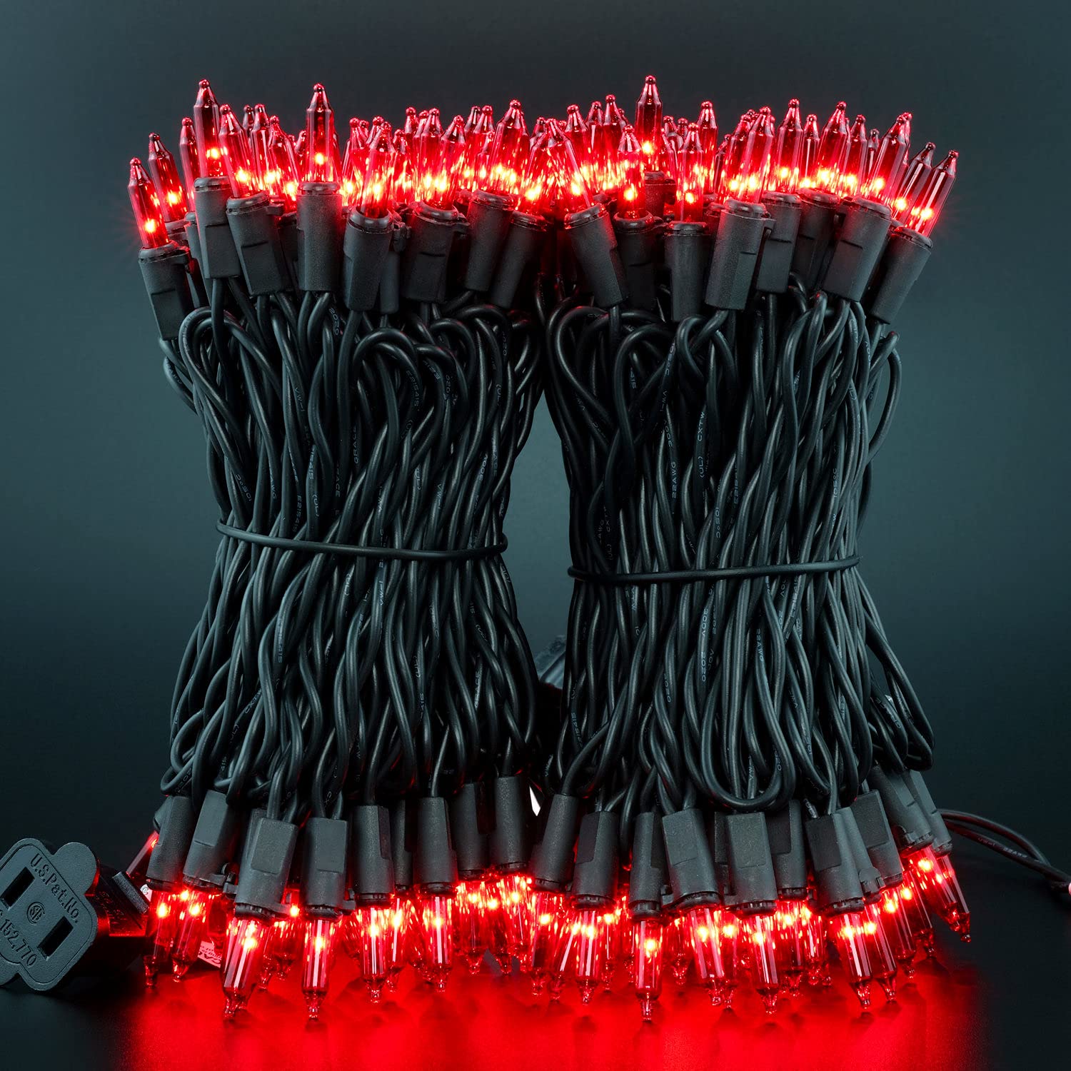 Yuletime Red Christmas Lights With Black Wire, 66 Feet 200 Count Ul Certified String Lights, Pack Of 2 Sets 33 Ft 100 Count Inca
