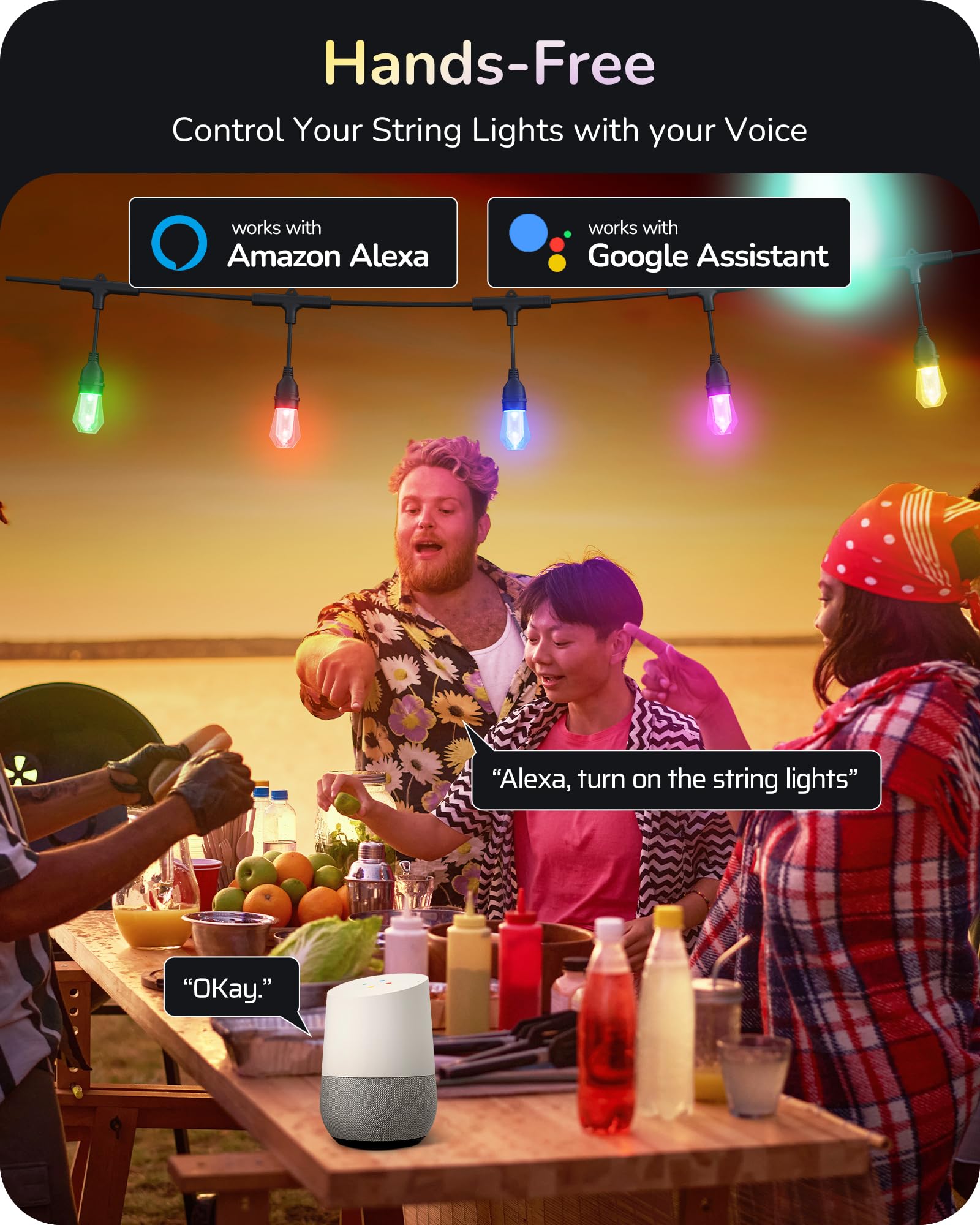EDISHINE Smart String Lights, 48ft RGB Outdoor Patio Lights, 18 Shatterproof Acrylic Bulbs, APP & WiFi Control, Waterproof, Dimmable